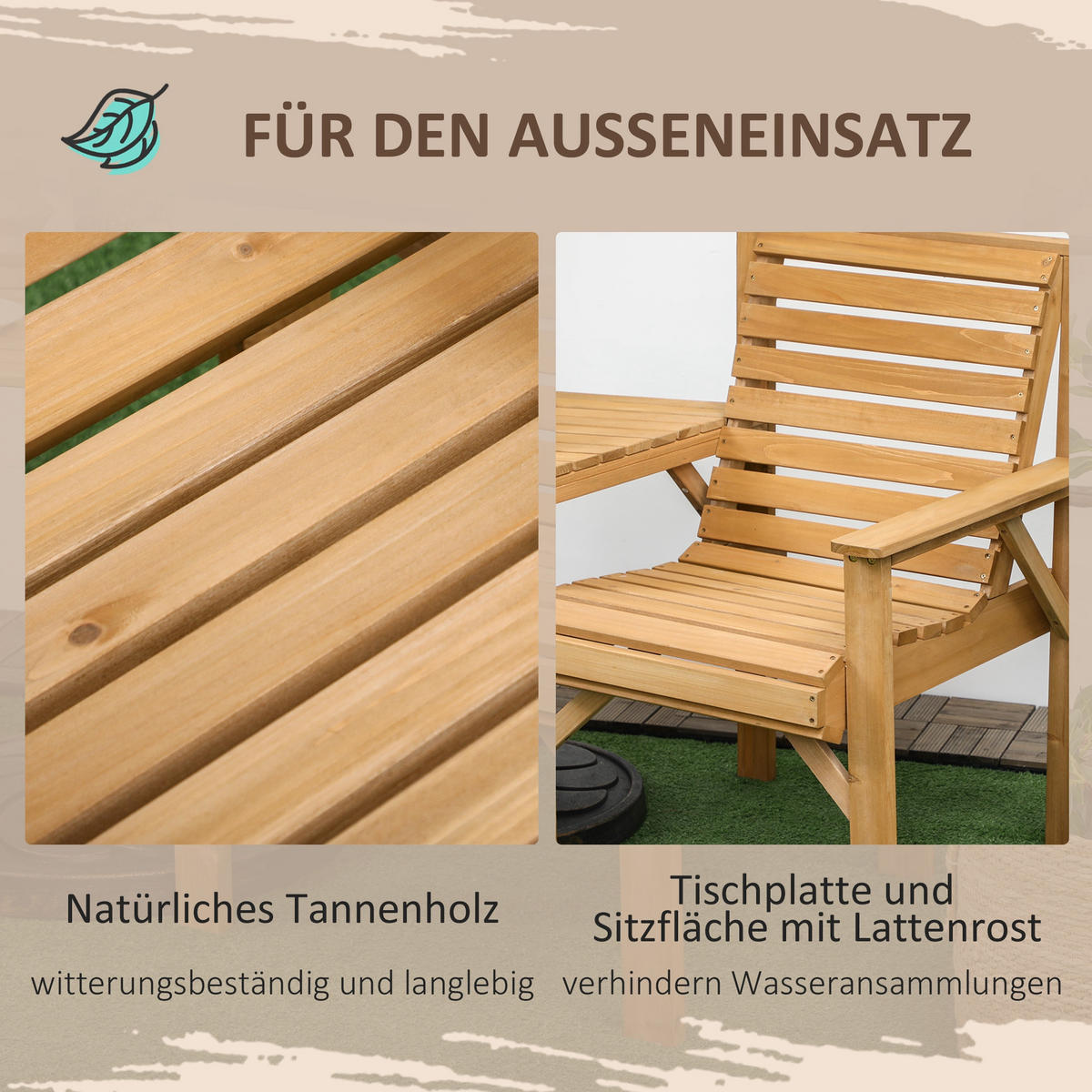 BISTRO-SET DE-07338 aus Holz mit Lamellendesign und Sonnenschirmloch Braun - Braun, Holz - ComfortXL