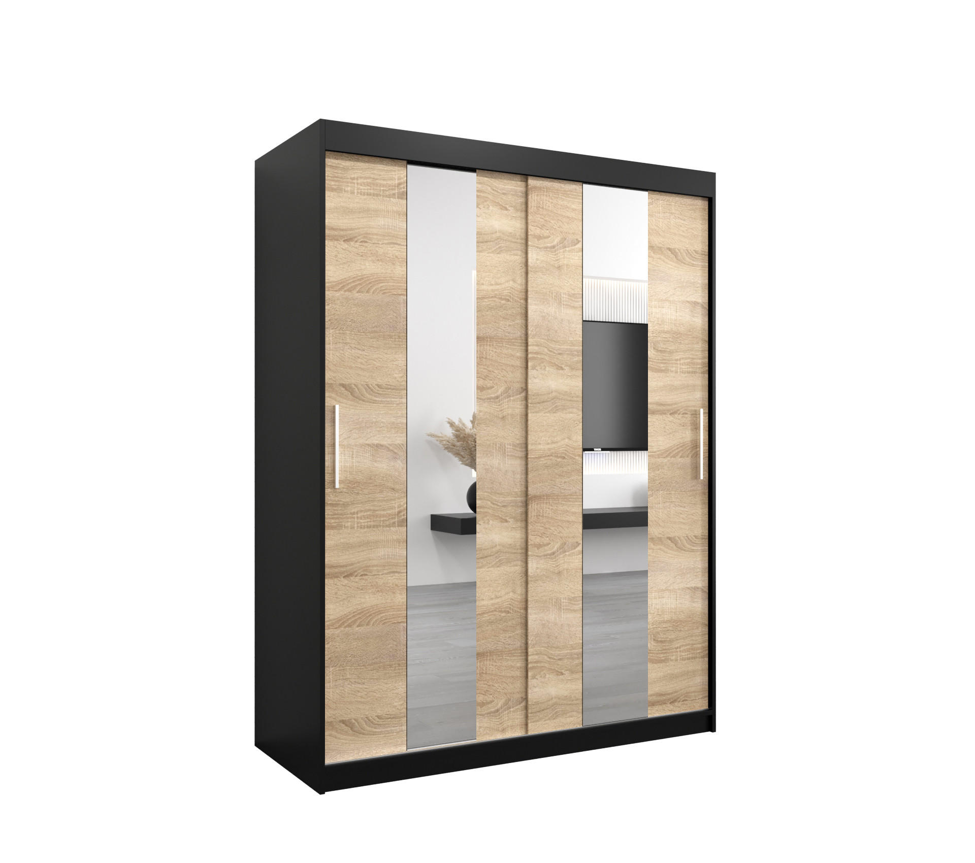 Abiks Möbel Schwebetürenschrank Schwarz, Sonoma Eiche 150x200x62 cm