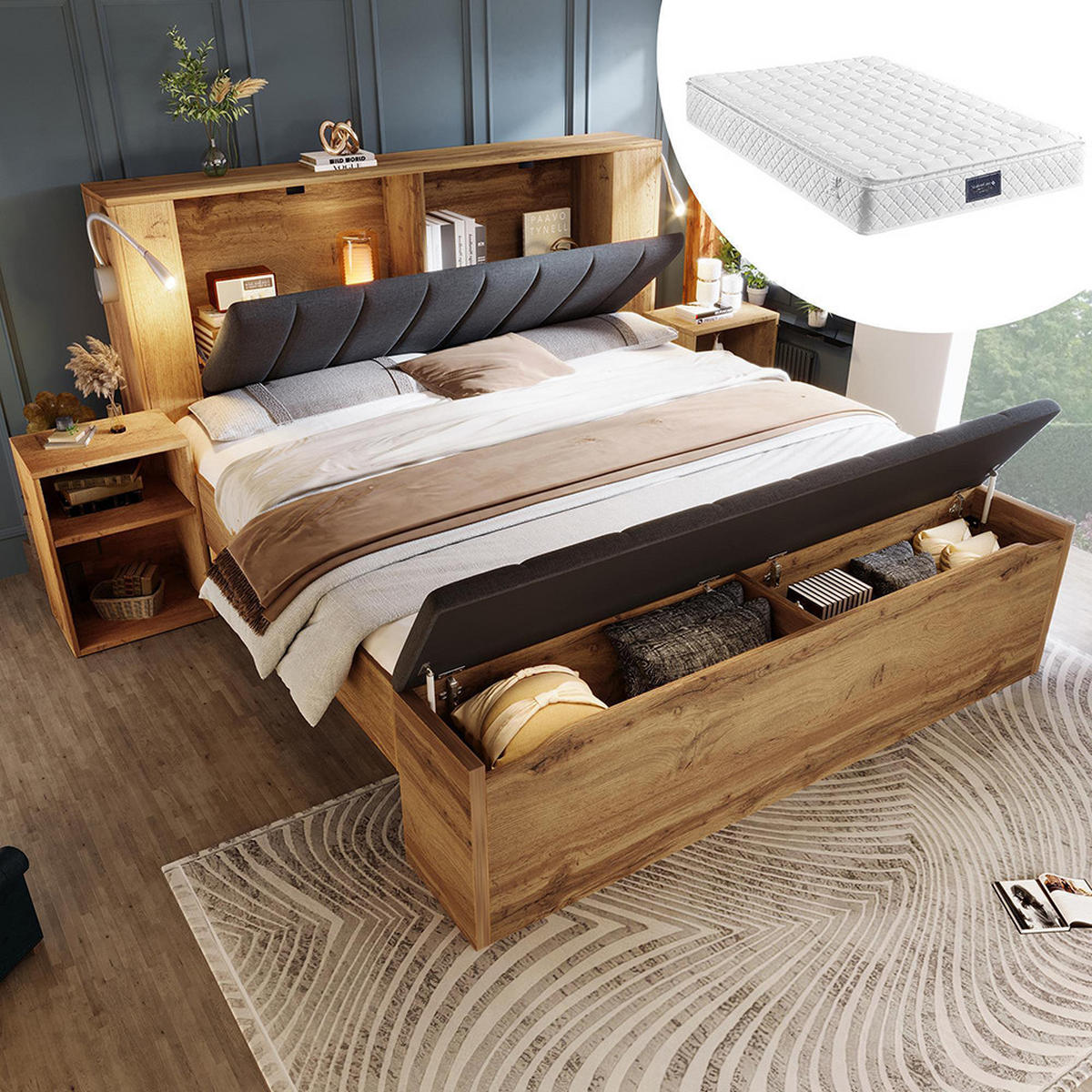 DOPPELBETT 160x200 cm in Eichenoptik mit zwei Nachttische, Mit Matratze - Eichefarben, Holz (160/200cm)