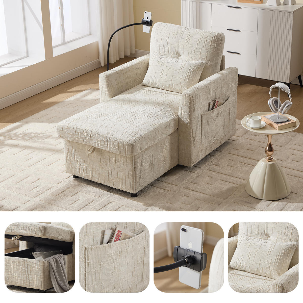 LIEGESESSEL Chenille mit Handyständer und Stauraum 125/84,5/87 cm Beige - Beige, Textil (84.5/87/125cm) - Redom