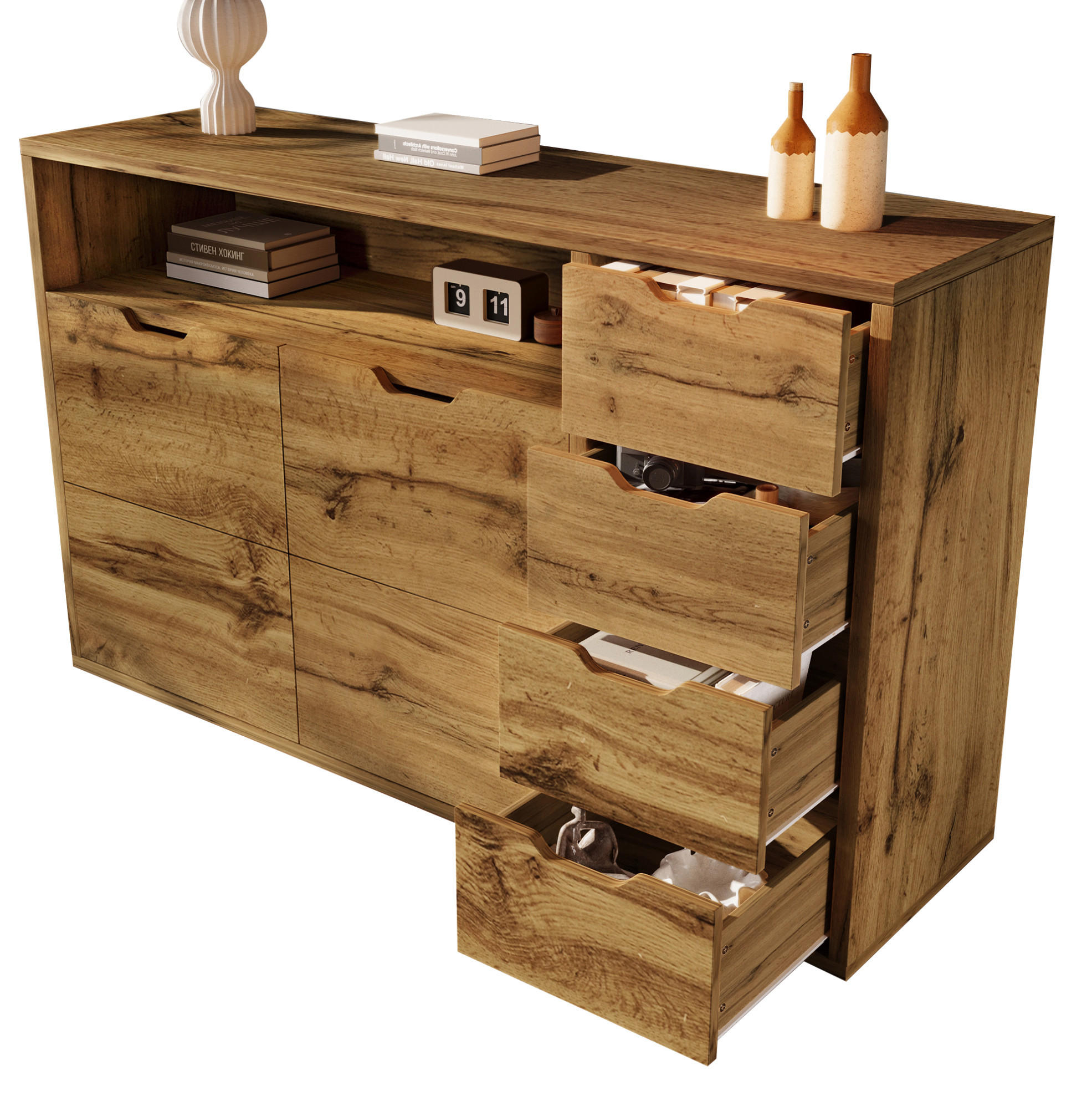 SIDEBOARD 150/40/90 cm eichefarben aus MDF und Metall mit 4 Schubladen und Softclose - Eichefarben, Holzwerkstoff (150/90/40cm) - OKWISH