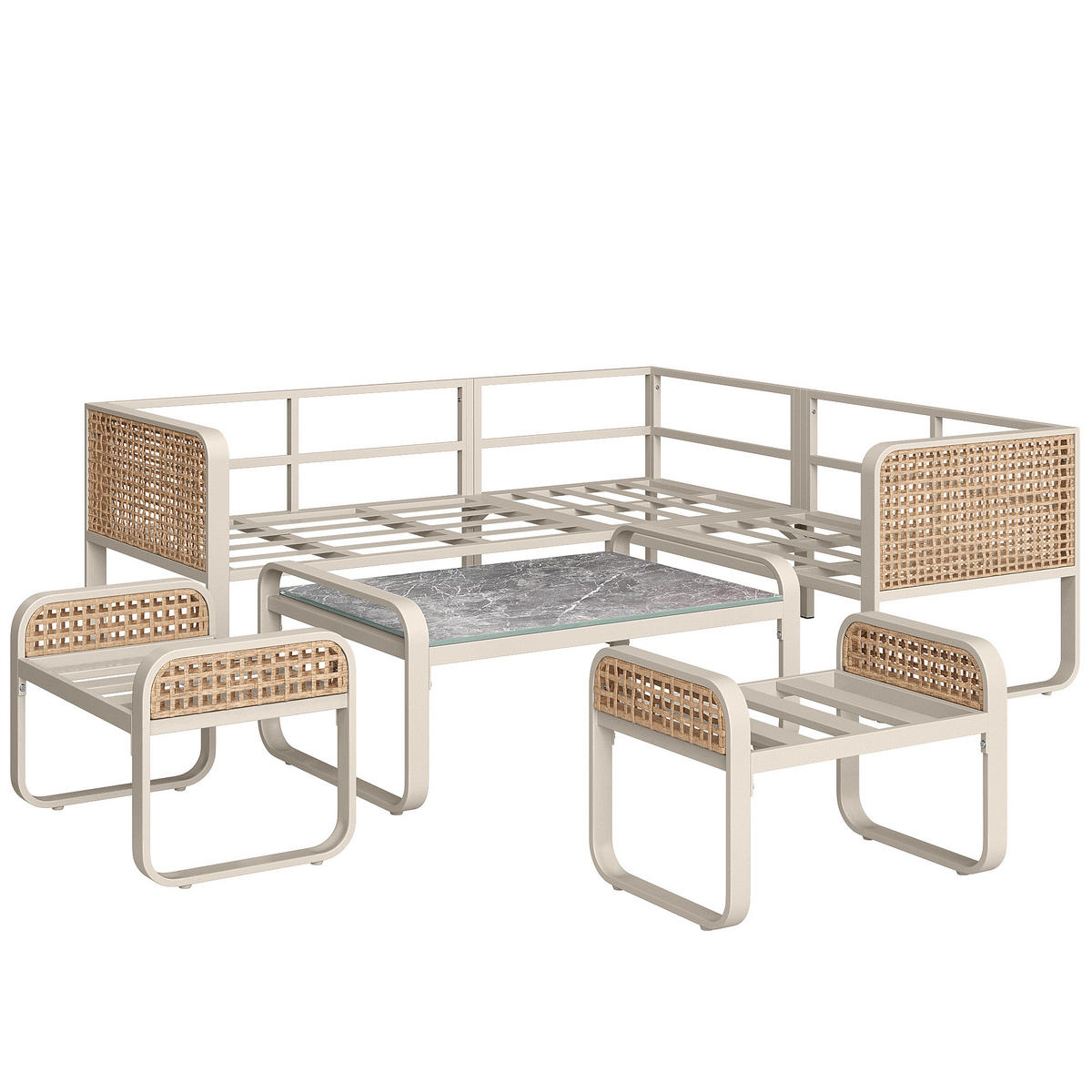 LOUNGESET 6-7 Personen Beige Rattan Mit Verstellbaren Füßen - Beige, Metall - FLIEKS