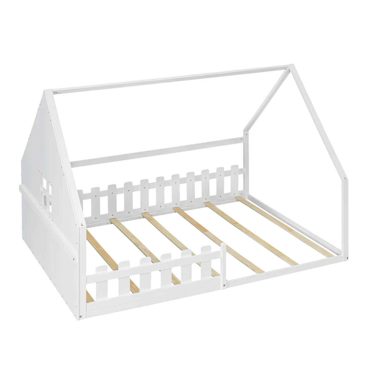 FLACHBETT 140/200 cm Kinderbett mit Hausleiste aus Kiefernholz in Weiß - Weiß, Holz (140/200cm) - OKWISH