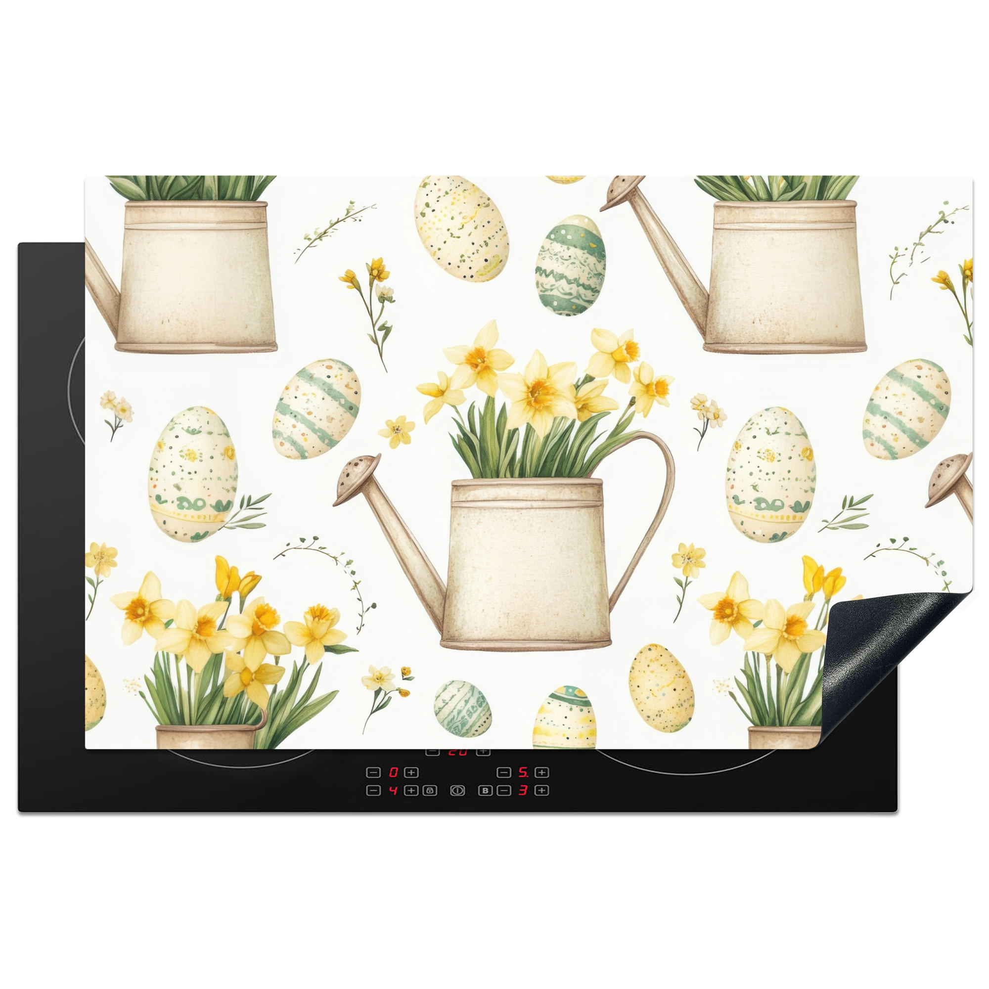 HERDABDECKPLATTE Gießkanne - Blumen - Eier Ceranfeldabdeckung 80x52 cm - Weiß, Kunststoff (80/52/0.2cm) - MuchoWow