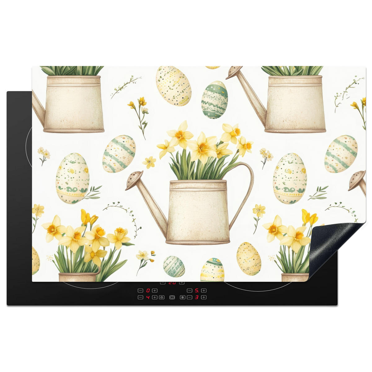 HERDABDECKPLATTE Gießkanne - Blumen - Eier Ceranfeldabdeckung 80x52 cm - Weiß, Kunststoff (80/52/0.2cm) - MuchoWow