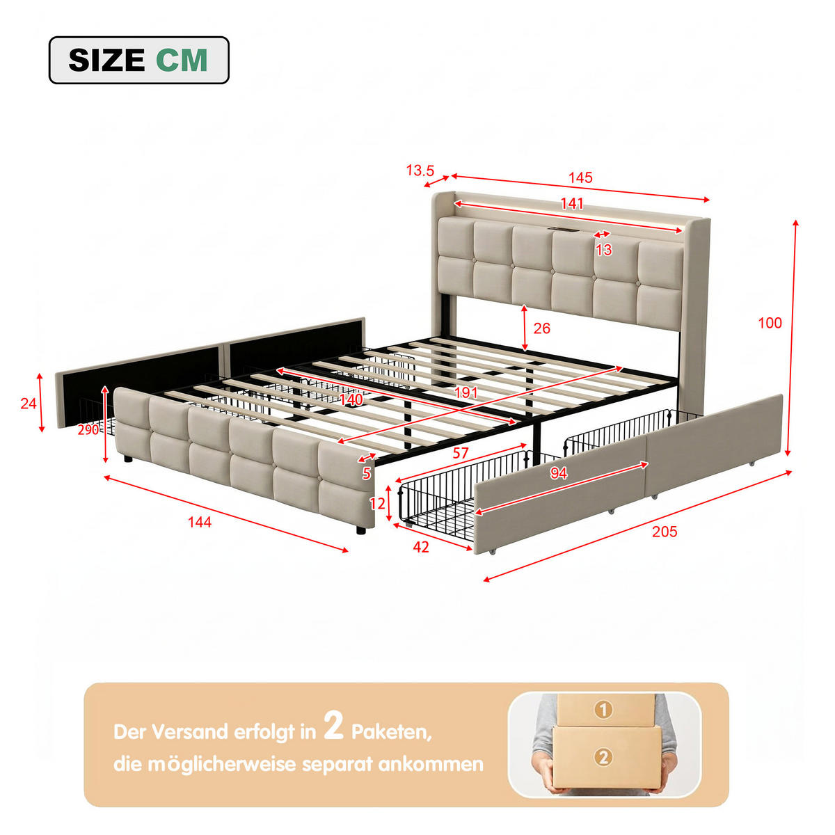MANŽELSKÁ POSTEĽ 140x190 cm s LED, USB, 4 zásuvkami a ľanovým poťahom - béžová, drevo (140/200cm) - SHOPENTRA