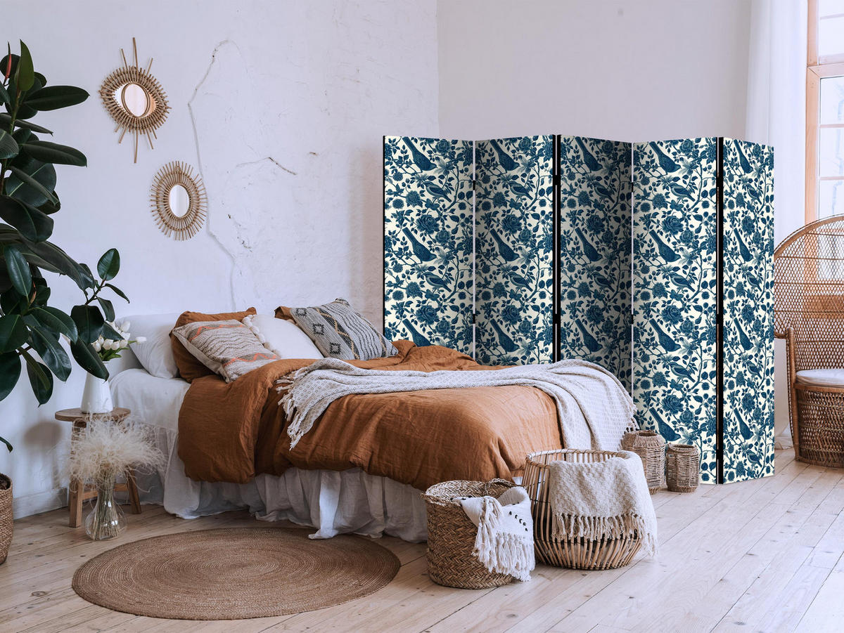 PARAVÁN Obojstranný 5-dielny 225x172 cm Vtáky a Ruže - modrá, drevo/textil (225/172/3cm) - Muralo
