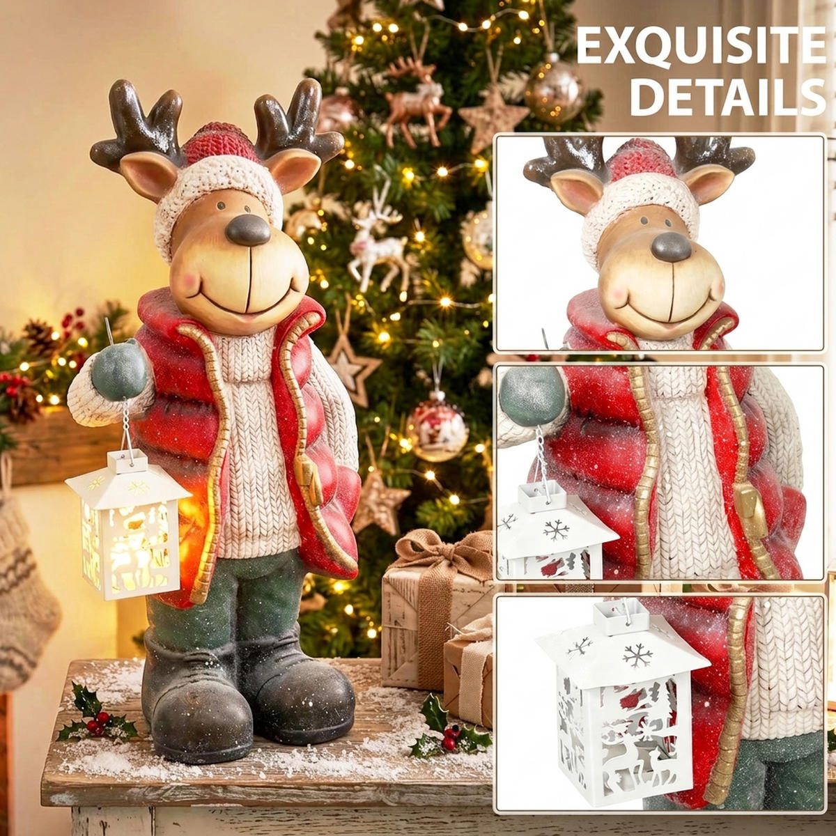 WEIHNACHTSDEKO Figur 52 cm Rentier mit Laterne Weihnachtsfigur mit LED-Licht - Rot, Metall (19.5/52/25.5cm) - HOMCOM