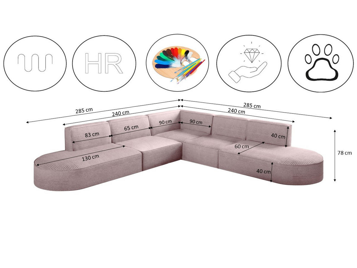ECKSOFA Designer Corner MODENA stoff Poso, viele Farben Rosa - Rosa, Holzwerkstoff (285/285cm) - Kaiser Möbel