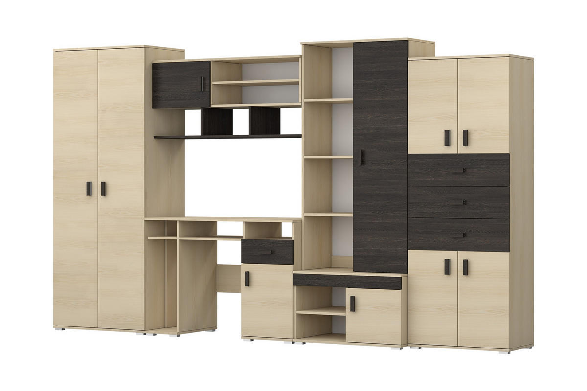 KINDERZIMMER-SET NICO Wohnwand 350/202 cm in Esche / Eiche Canterbury - Eichefarben/Eschefarben, Holzwerkstoff (350/202/52cm) - Deine Möbel 24