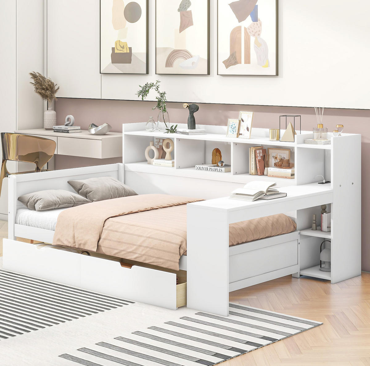 BETT 90/200 cm mit Nachttischablage und USB-Anschluss in Weiß - Weiß, Holzwerkstoff (90/200cm) - OKWISH