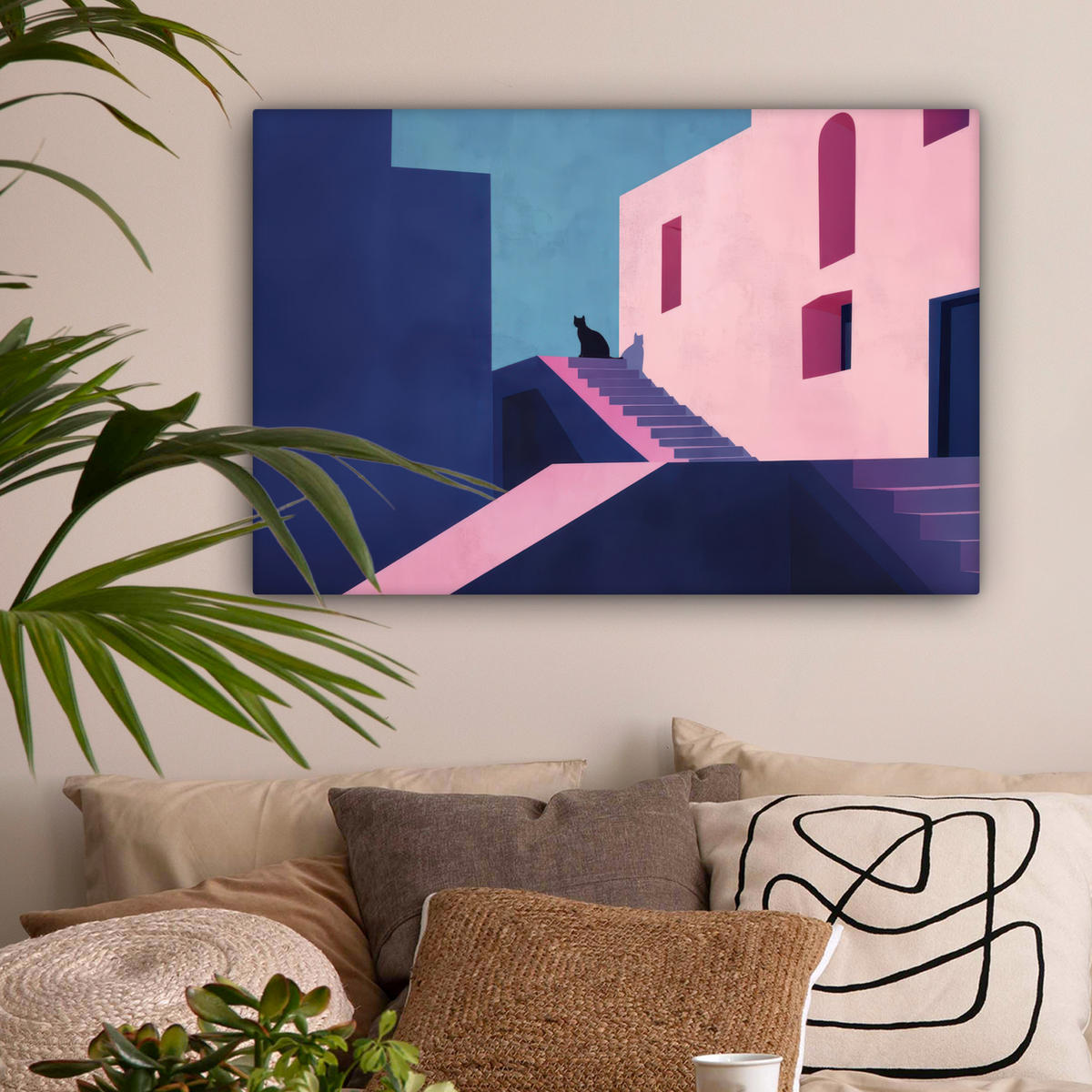 LEINWANDBILD Katze - Treppe - Gebäude - Schattenkontraste Wanddeko 90x60 cm - Dunkelblau, Textil (90/60cm) - MuchoWow