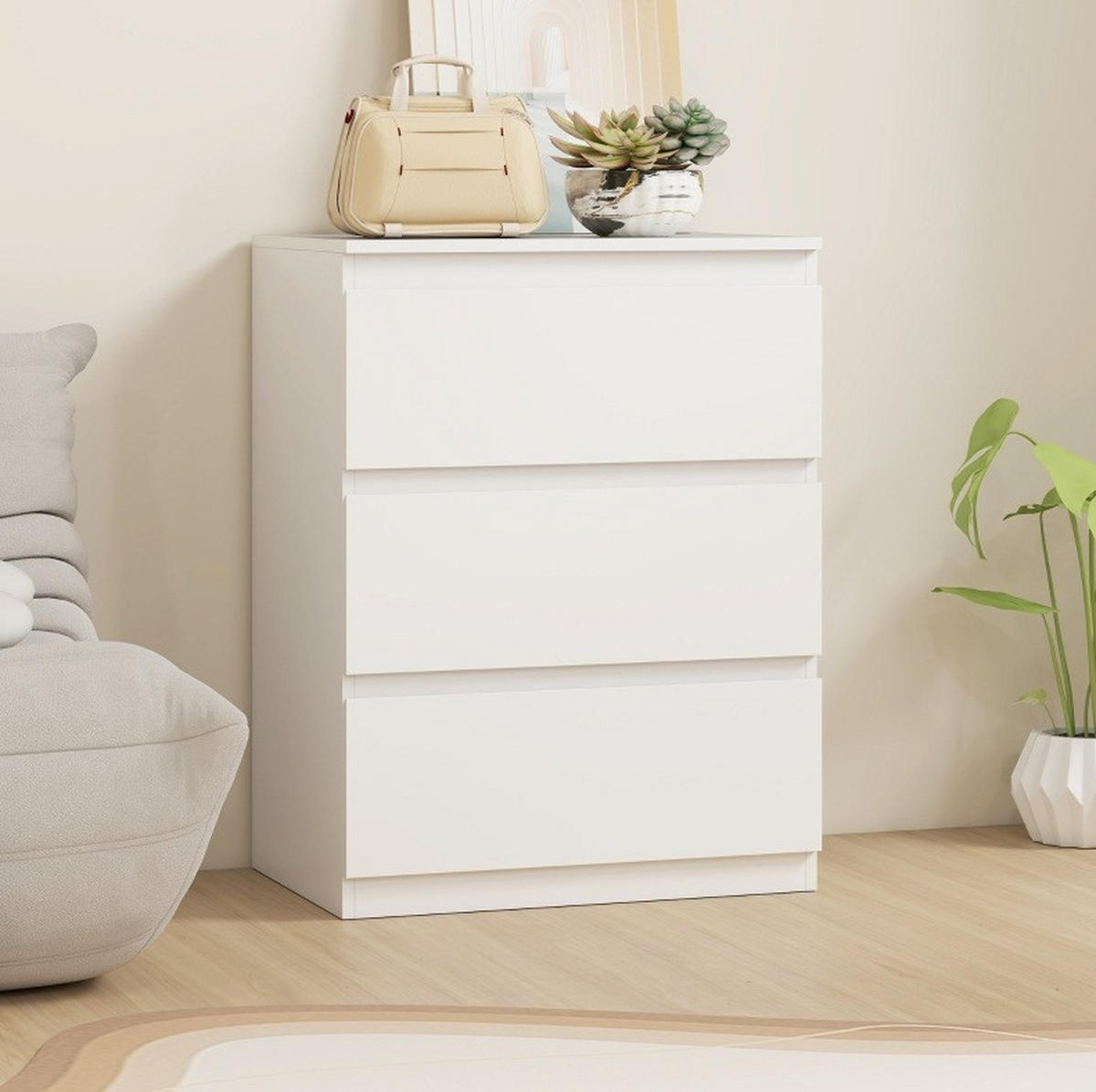 KOMMODE in Weiß mit 3 Schubladen, grifflosem Design und FSC-zertifizierter Spanplatte,79/40/60 cm - Weiß, Holz (60/79/40cm) - Flora Grace