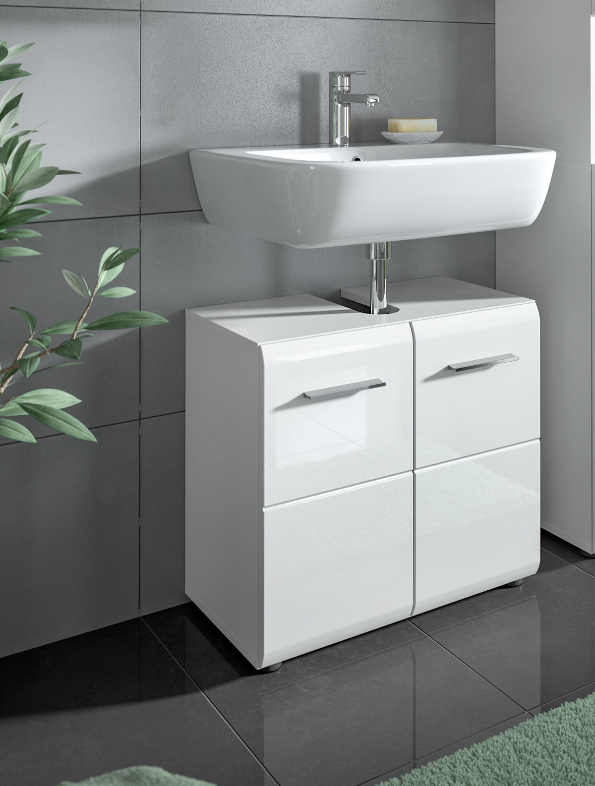 WASCHBECKENUNTERSCHRANK weiß Hochglanz, Badezimmer Unterschrank 60 cm - Weiß Hochglanz/Silberfarben, Holzwerkstoff/Kunststoff (60/54/30cm) - Inn.Furn