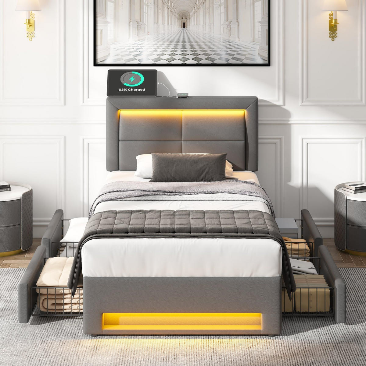 POLSTERBETT 90/190 cm Grau aus PU mit LED-Beleuchtung und 4 Schubladen - Grau, Kunststoff (90/200cm) - OKMYHOME