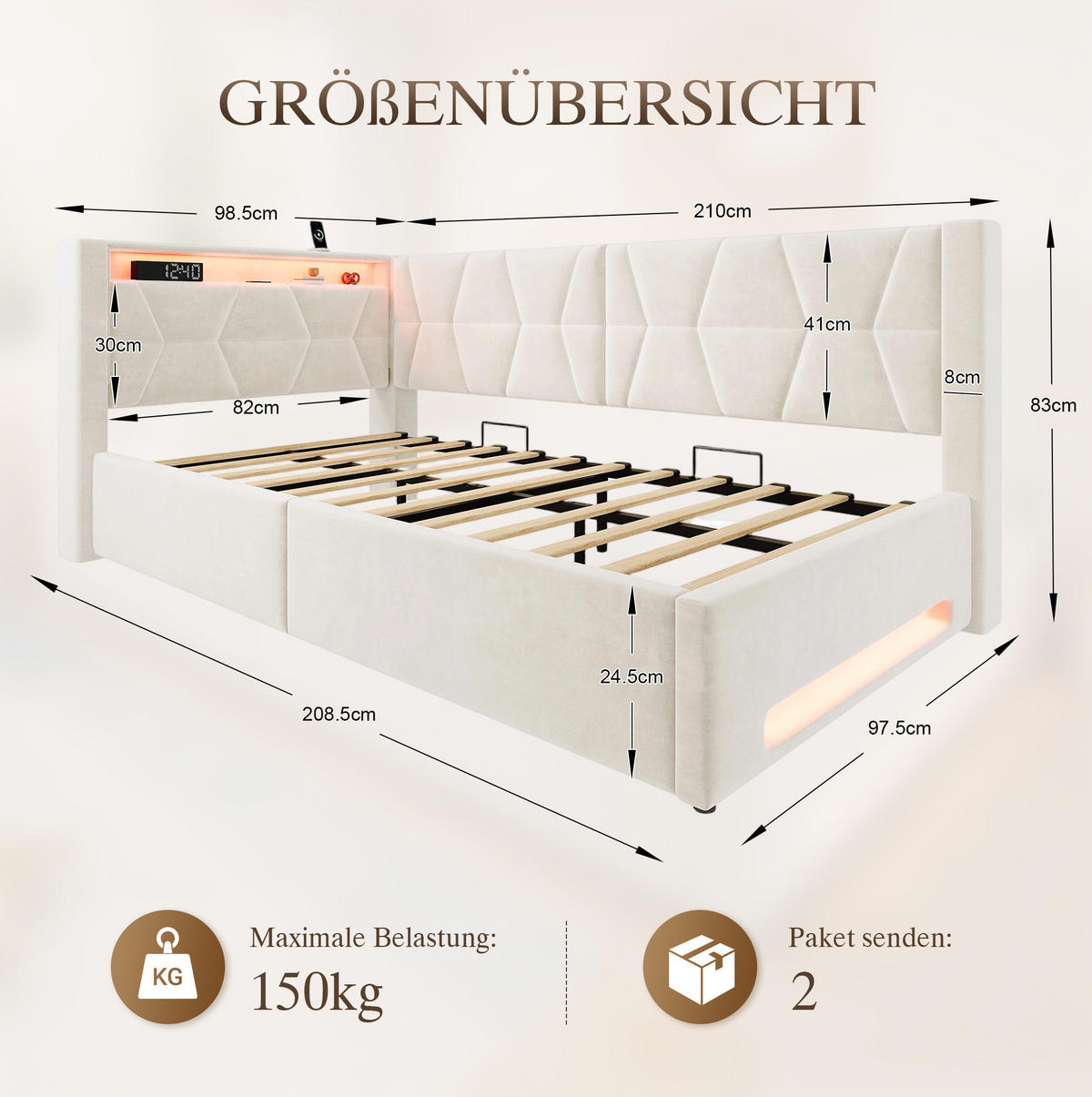 POLSTERBETT 90/200 cm in Beige mit Stauraum, LED-Beleuchtung und USB-Anschlüssen - Beige, Metall (90/200cm) - Flora Grace