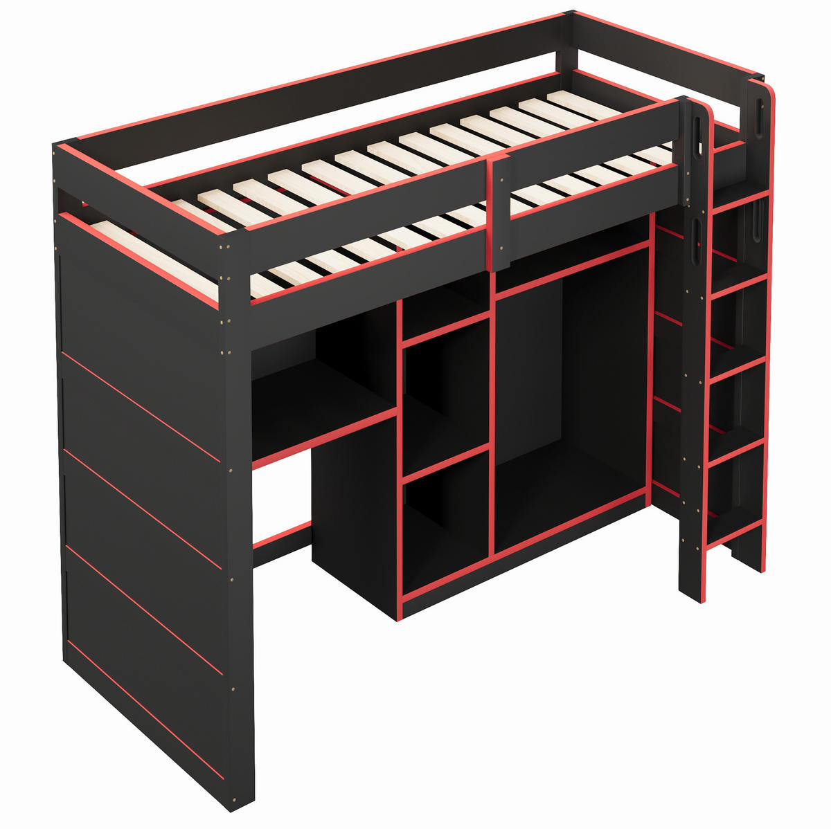HOCHBETT aus MDF und Sperrholz 90x200 cm Schwarz/Rot mit Schreibtisch, Kleiderschrank und LED-Beleuchtung - Schwarz, Holzwerkstoff (90/200cm) - Modfu