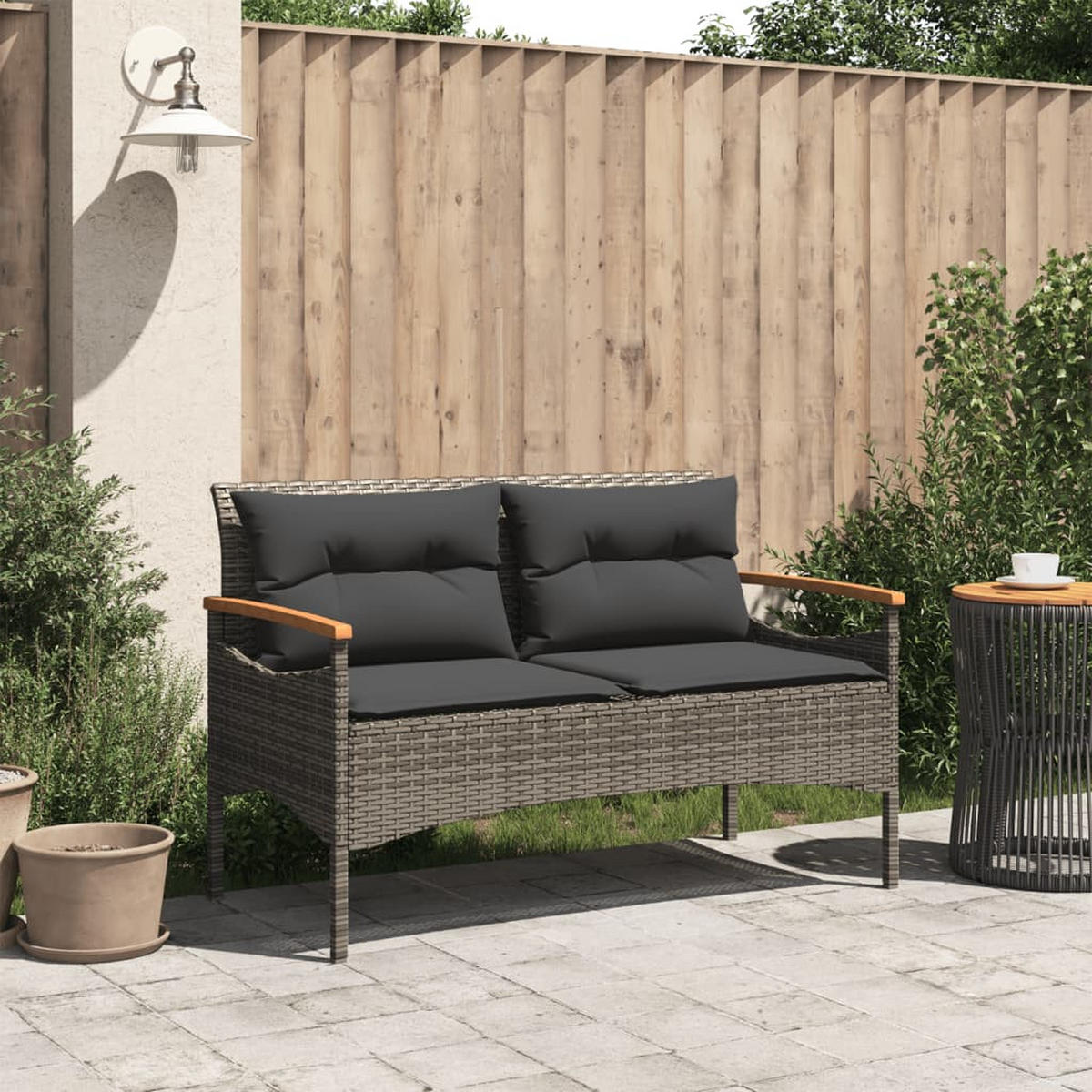 GARTENBANK mit Kissen 116x62,5x74 cm Grau Poly Rattan - Grau, Kunststoff (116/74/62.5cm) - furnicato