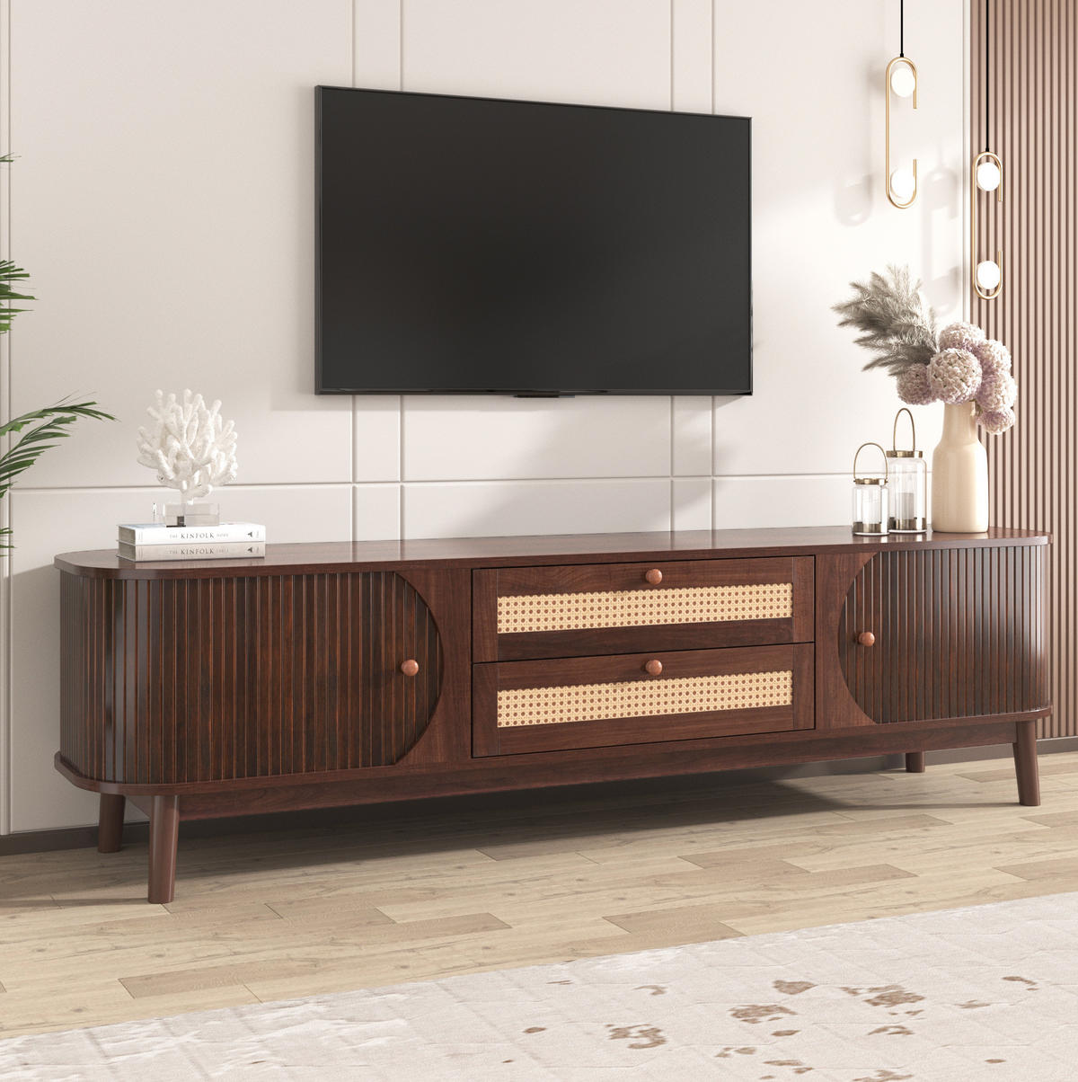 TV-SCHRANK in Holzoptik mit Rattan-Schubladen und Schiebetür 170/39.5/46 cm - Naturfarben, Holzwerkstoff (170/46/39.5cm) - Redom