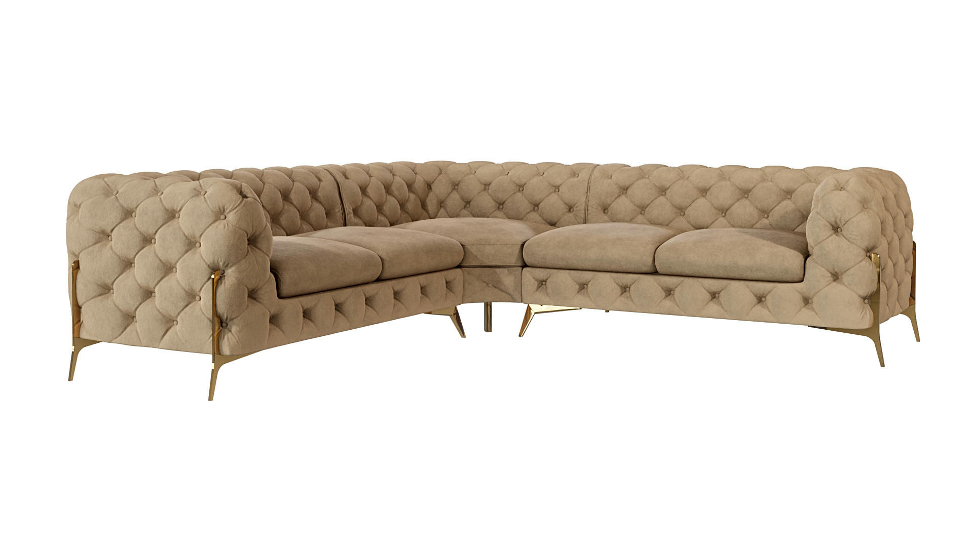 S-Style CHESTERFIELD ROHOVÁ SEDAČKA Lexi z béžového sametu se zlatými nohami