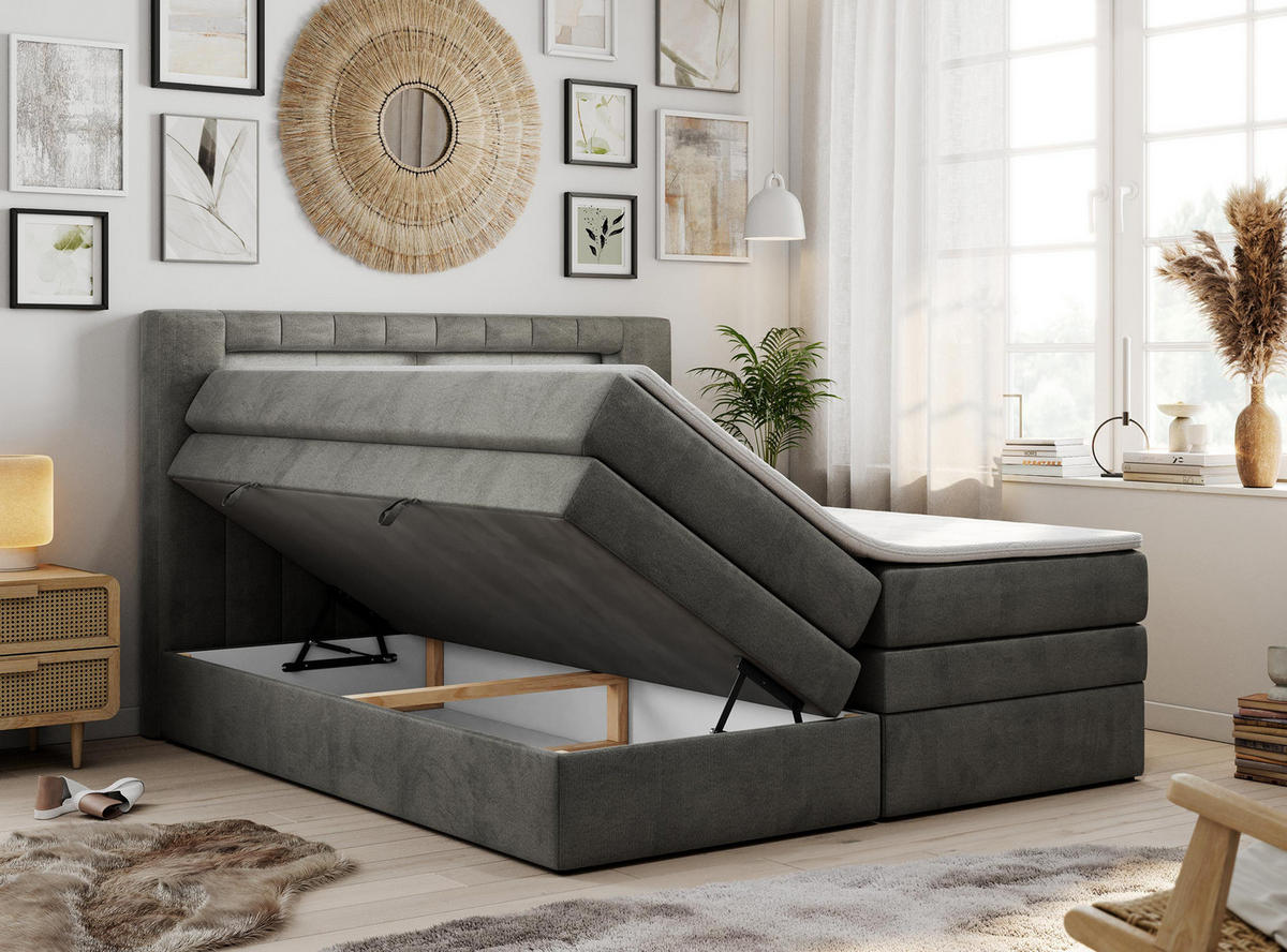 BOXSPRINGBETT GOLD-5 KING LED 200/200 Dunkelgrau Velvet - H3 - Dunkelgrau, Holz/Textil (200/200cm) - MKS