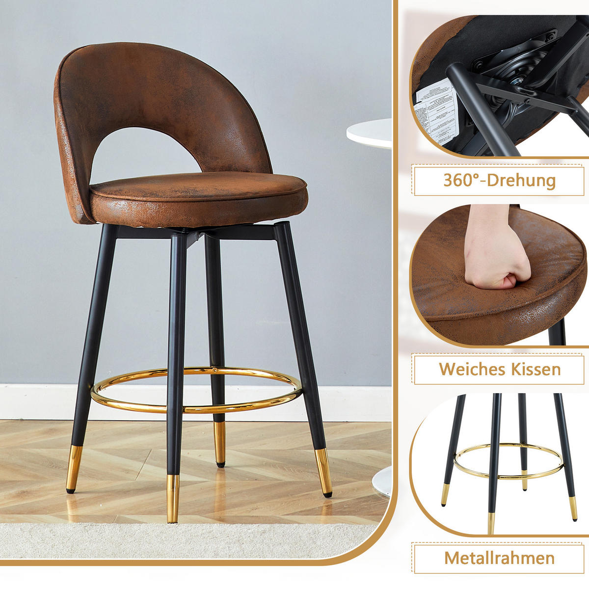 BARSTUHL 2er Set Braun 360° Drehbar in Lederoptik - Braun, Textil (47/92/44cm) - Urban Meuble