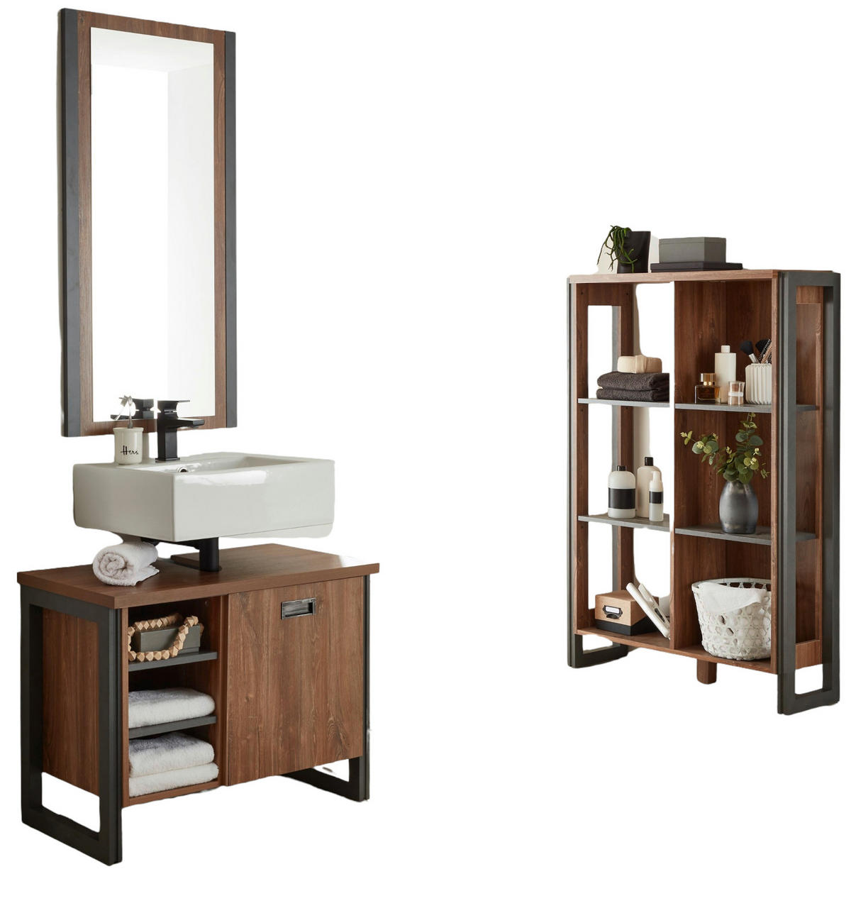 BADMÖBEL-SET 3-teilig Eiche Stirling, Matera grau, Badkombination 191 x 205 cm - Eichefarben/Grau, Holzwerkstoff (191/205/40cm)