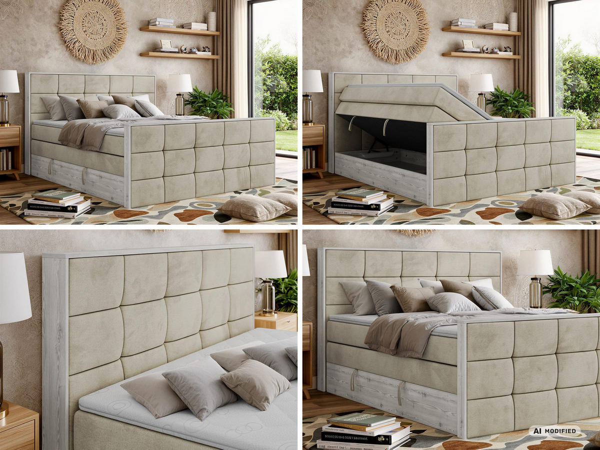 BOXSPRINGBETT ALNOR KING DUO 180/200 - Beige Velvet - Topper Visco - H4 - Beige/Schwarz, Kunststoff/Textil (180/200cm) - MKS