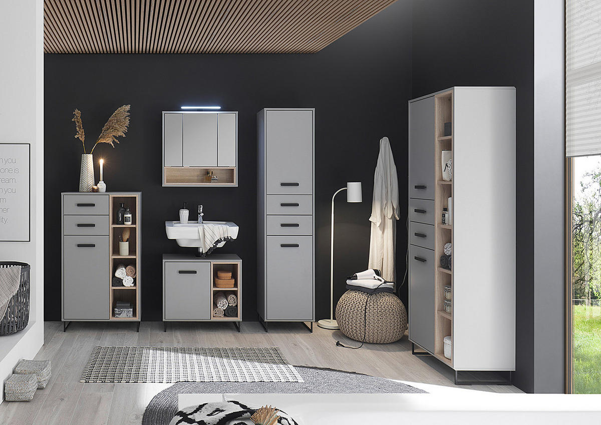 SPIEGELSCHRANK - Inklusive Beleuchtung - Matt Grau / Eiche Sonoma Dekor - Grau, Holzwerkstoff (65/65/16cm) - home24