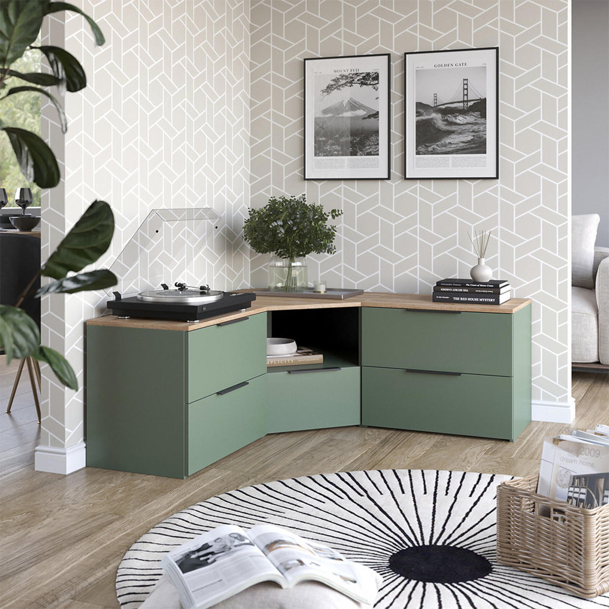 WOHNWAND Wido Grün 3 Teile - Grün/Sonoma Eiche, Holzwerkstoff (68/50/68cm) - Vicco