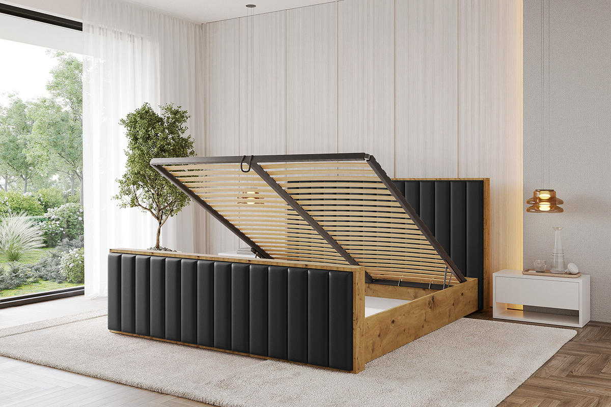 POLSTERBETT mit Bettkasten, Fußteil und Lattenrost, Boxbett ohne Matratze - ENZO4-Z 160x200 Schwarz Kunstleder - Schwarz Hochglanz, Holzwerkstoff/Textil (160/200cm) - ALTDECOR