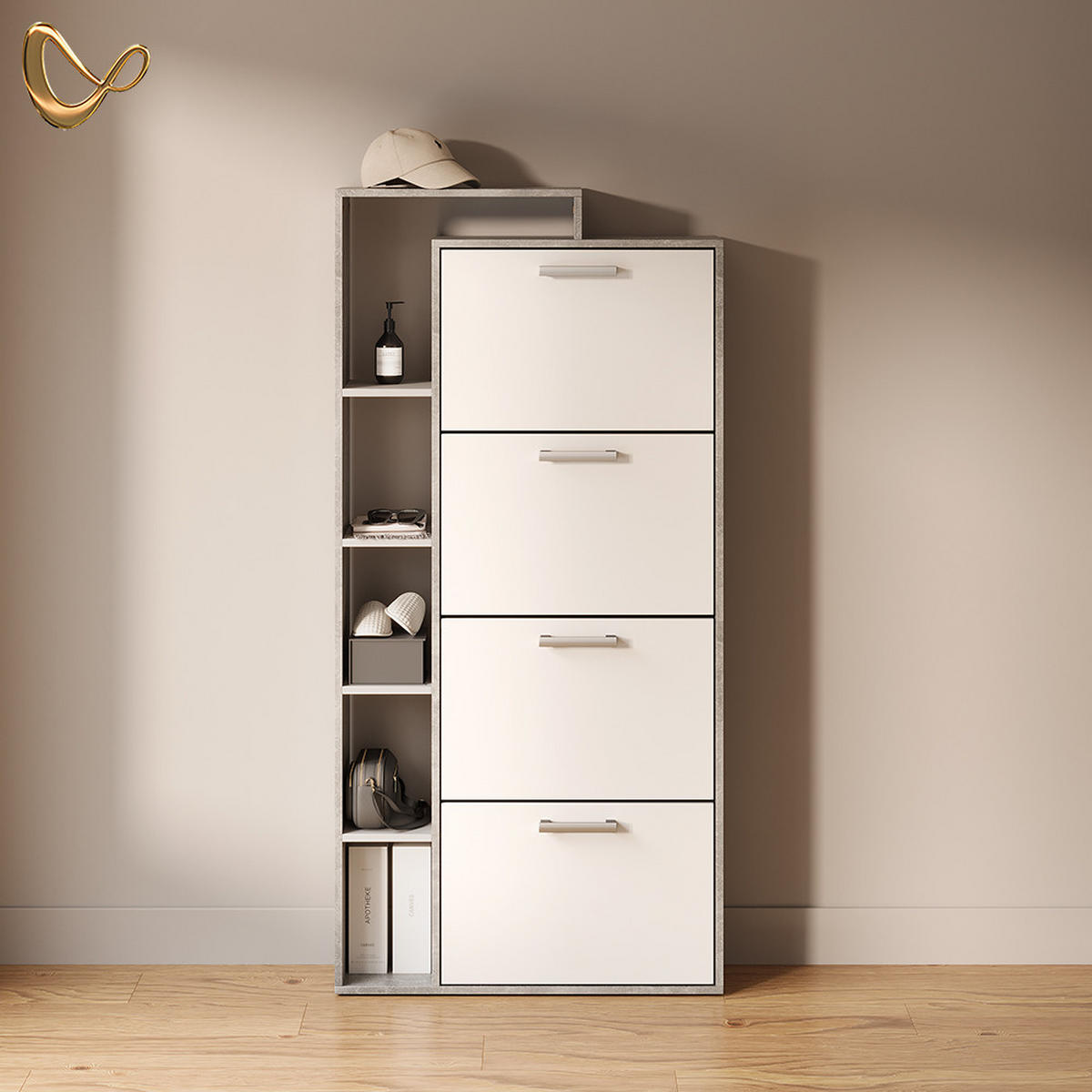 SCHUHKIPPER Ortello Weiß/Beton 80 x 166.1 cm mit 4 Fächern - Weiß/Grau, Holzwerkstoff (80/166.1/24.2cm) - Livinity®