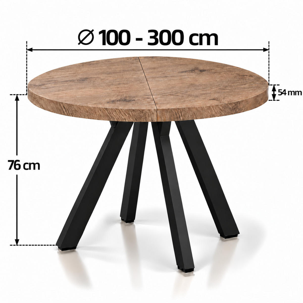 ESSTISCH rund ausziehbar 100/300/76 cm, Braun Eiche Halifax Egger, 54 cm Tischplatte + Y Metallgestell Schwarz - Eichefarben/Schwarz, Holzwerkstoff/Metall (100/300/76cm) - Damale Möbel