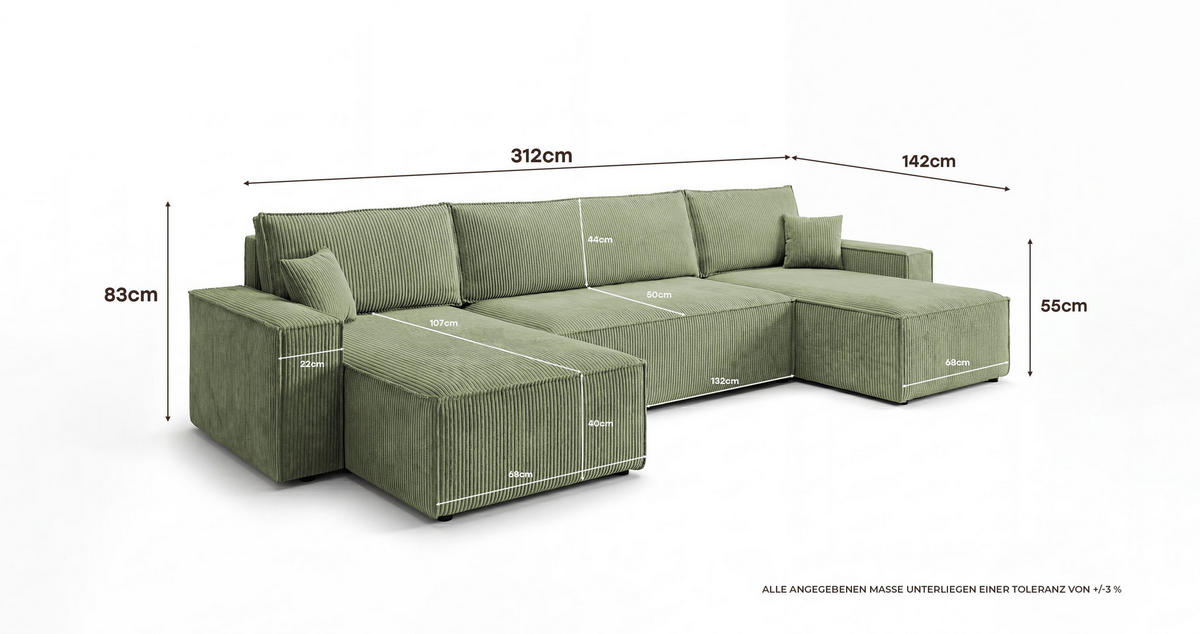 WOHNLANDSCHAFT CALIFORNIA MINI U-Form hellgrün Cord Poso 47 - Schlaffunktion, Bettkasten - Hellgrün, Textil (312/85/142cm) - Cornero