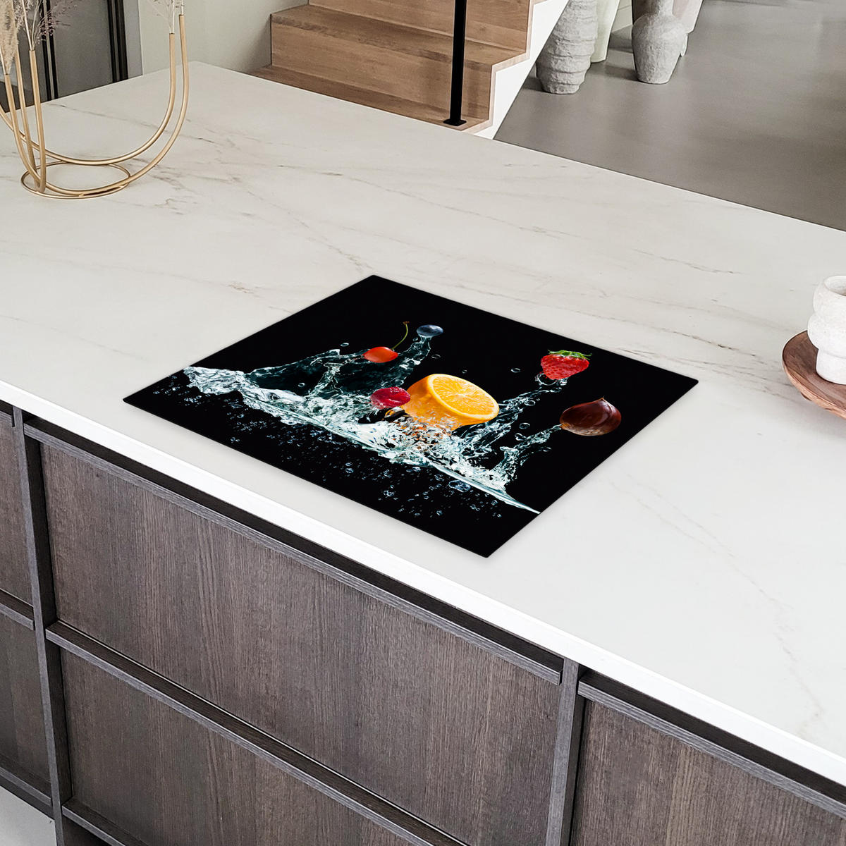 HERDABDECKPLATTE Wasser - Obst - Orange - Erdbeere - Kirsche - Schwarz 65x52 cm - Orange, Kunststoff (65/52/0.2cm) - MuchoWow