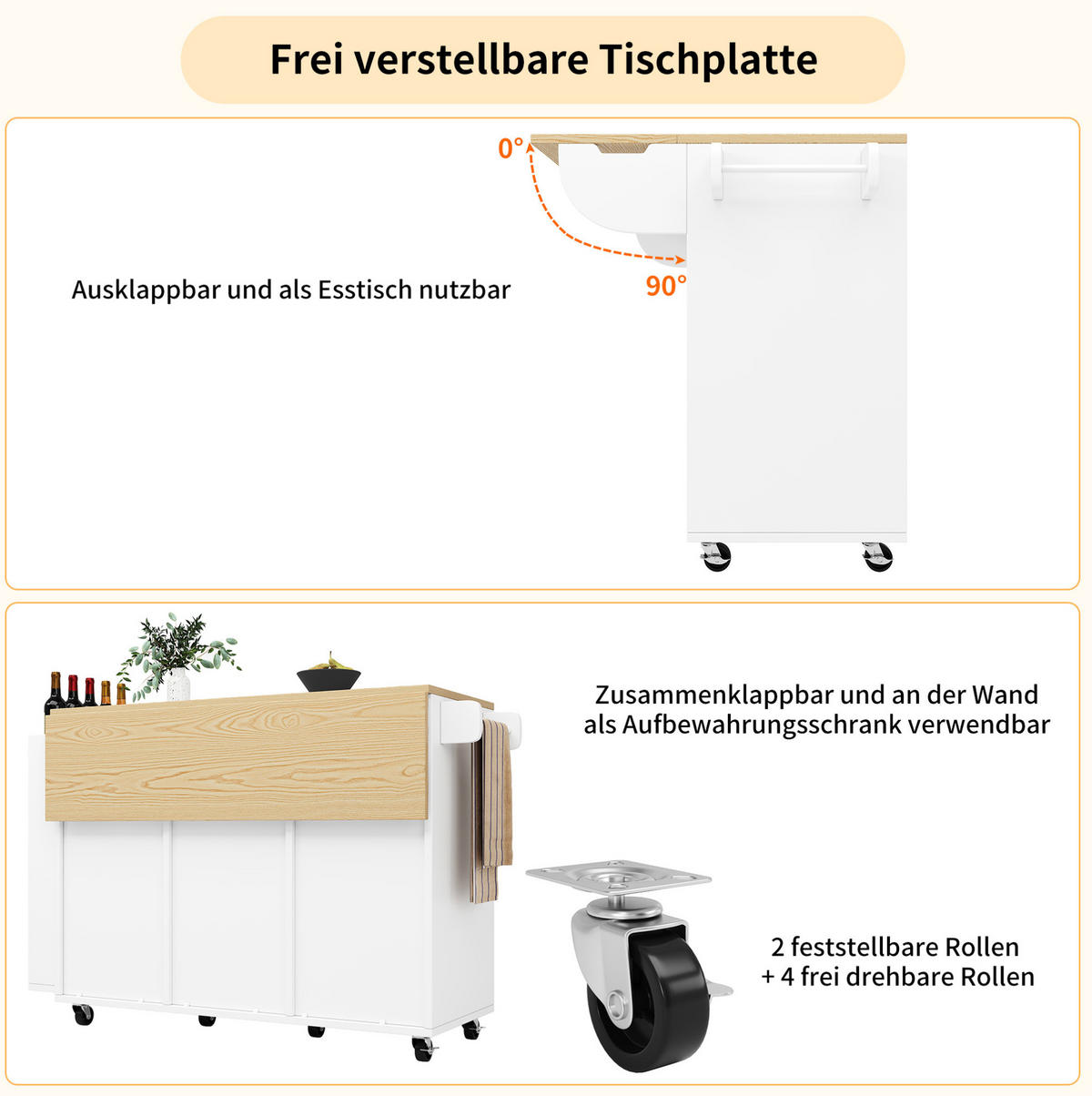KÜCHENINSEL 110/42/90 cm weiß mit klappbarer Tischplatte - Weiß, Holzwerkstoff (110/90/42cm) - OKWISH