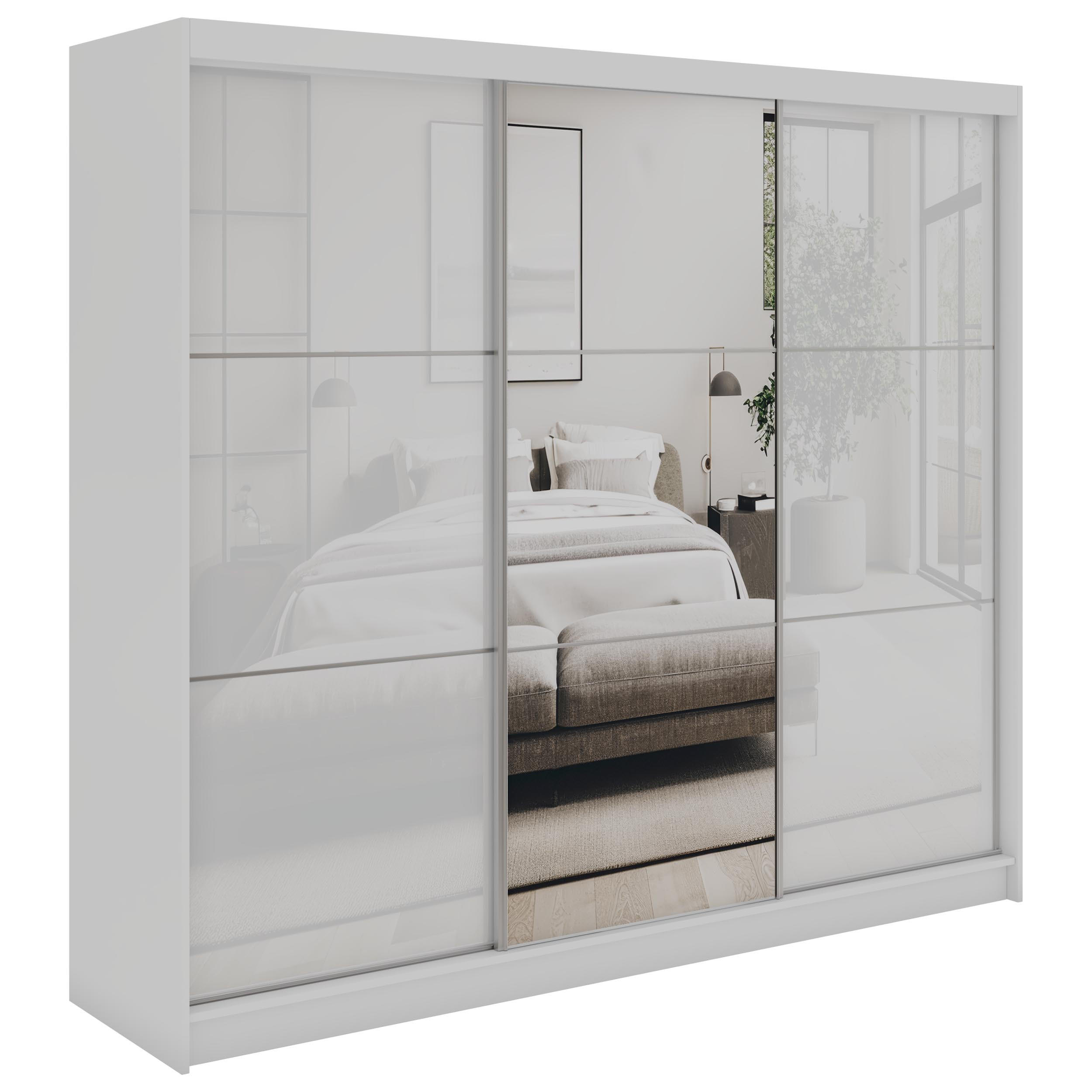SCHWEBETÜRENSCHRANK mit Spiegel und Schubladen - WALENCJA - 240 - Weiß lacobel - Alufarben/Weiß, Holzwerkstoff/Metall (240/216/61cm) - MKS