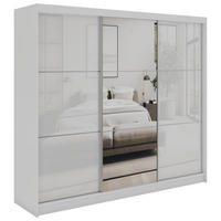 SCHWEBETÜRENSCHRANK mit Spiegel und Schubladen - WALENCJA - 240 - Weiß lacobel - Alufarben/Weiß, Holzwerkstoff/Metall (240/216/61cm) - MKS