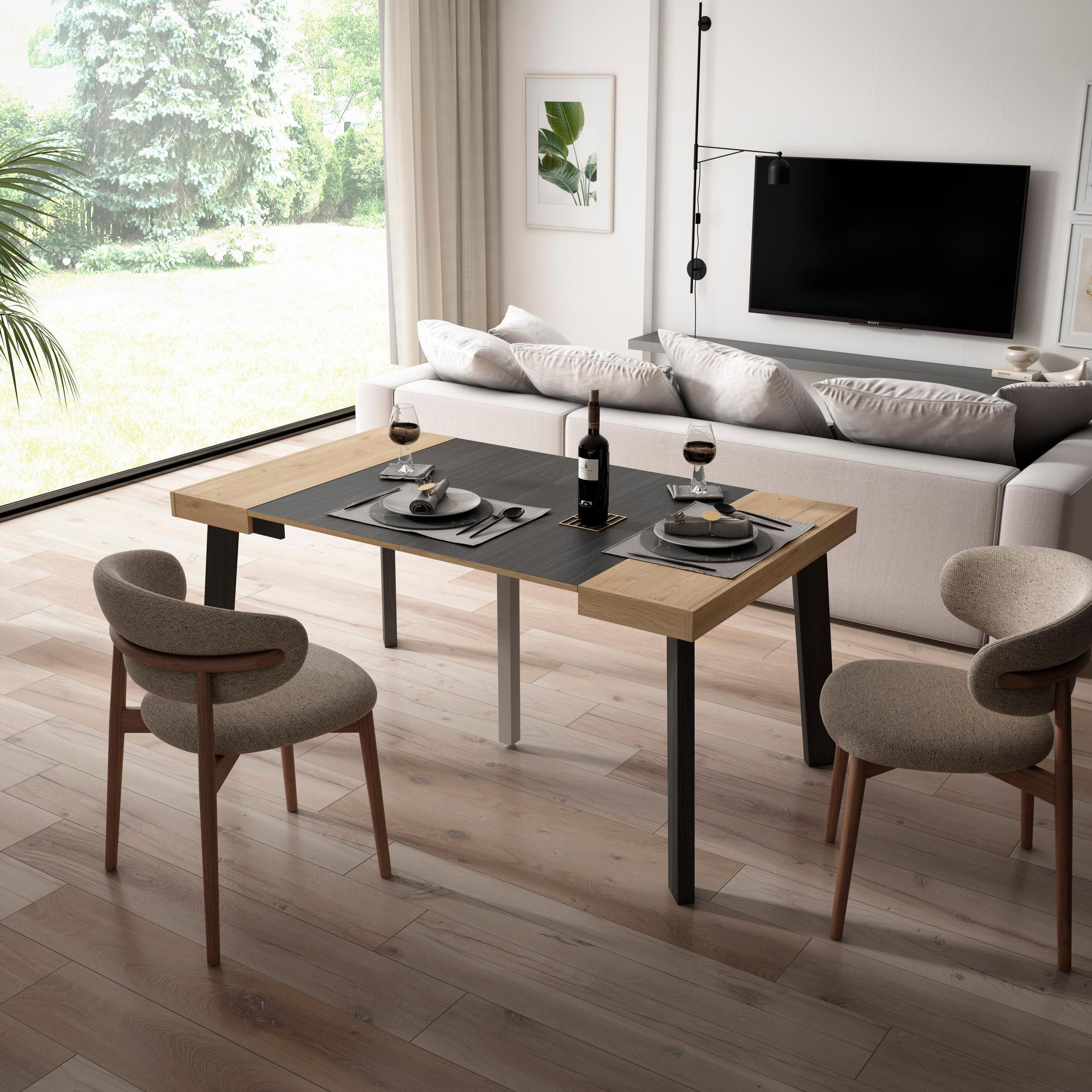 KONSOLENTISCH ausziehbar 58 bis 160cm, für 8 Gäste, eiche, schwarz, 90/58/73cm - Eichefarben/Schwarz, Holzwerkstoff (90/160/73cm) - Skraut Home