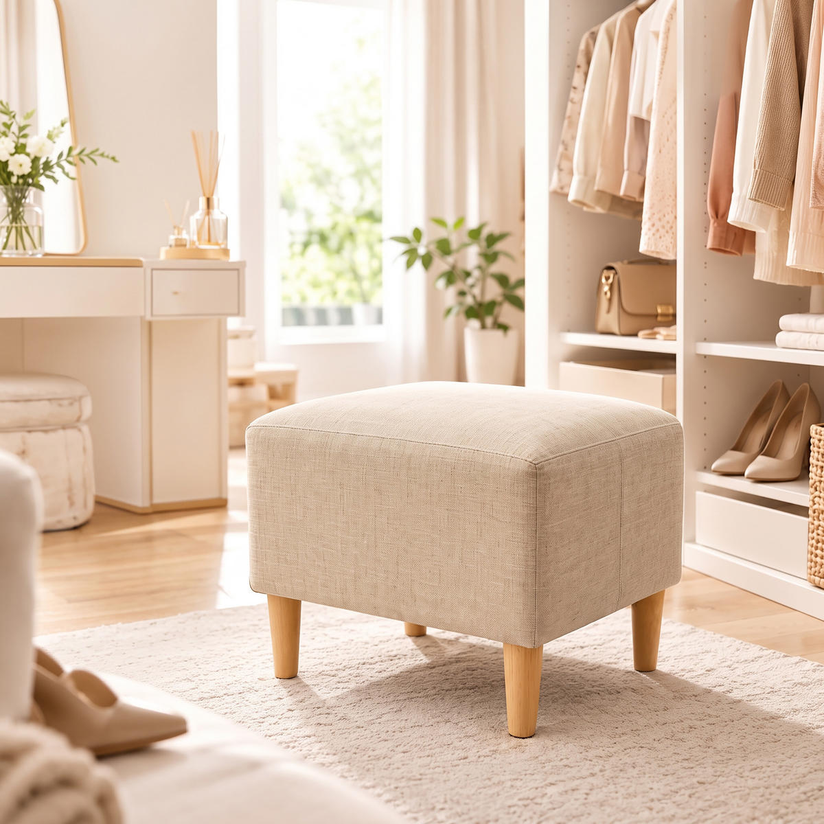 FUSSHOCKER Beige gepolstert Holzfüße - Beige, Holz/Textil (61/42/41cm) - Relaxdays