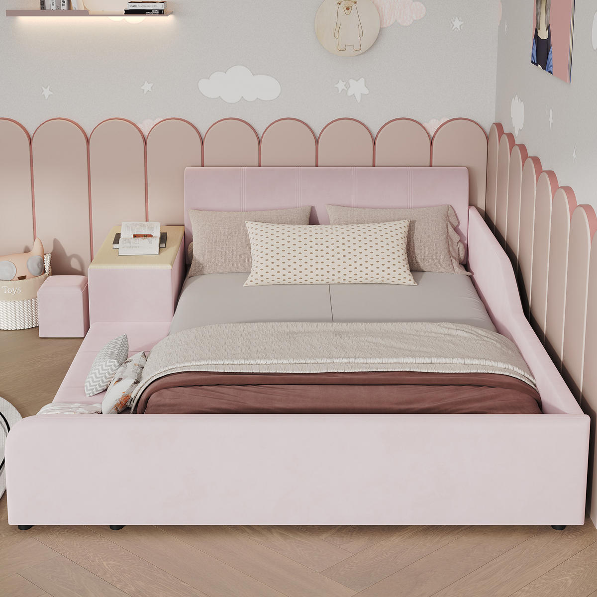 POLSTERBETT 140/200 cm in Pink mit Schreibtisch, Hocker und Ablageboden aus Samt - Kinderzimmer mit Stil - Rosa, Holzwerkstoff/Textil (140/200cm) - STILVORA