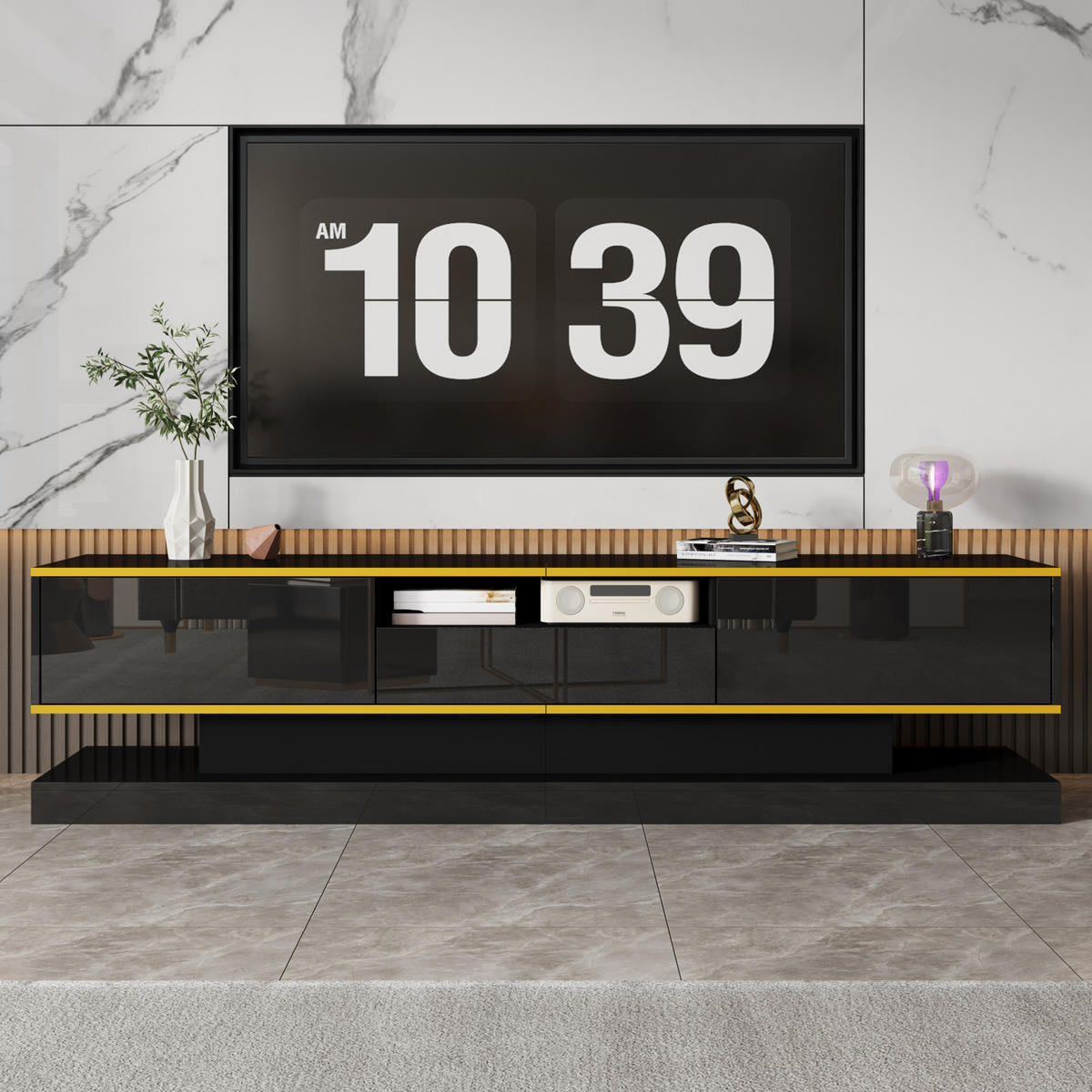 TV Lowboard LED 180 cm, 3 Schubladen, offenes Fach, Schwarz - Schwarz, Holz (180/45/38cm)