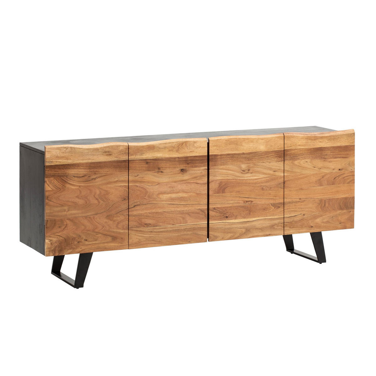 SIDEBOARD – Akazie Massivholz, 180x75x45 cm, mit Baumkante, Türen, Metallbeine - Schwarz, Holz/Metall (180/75/45cm) - KADIMA DESIGN