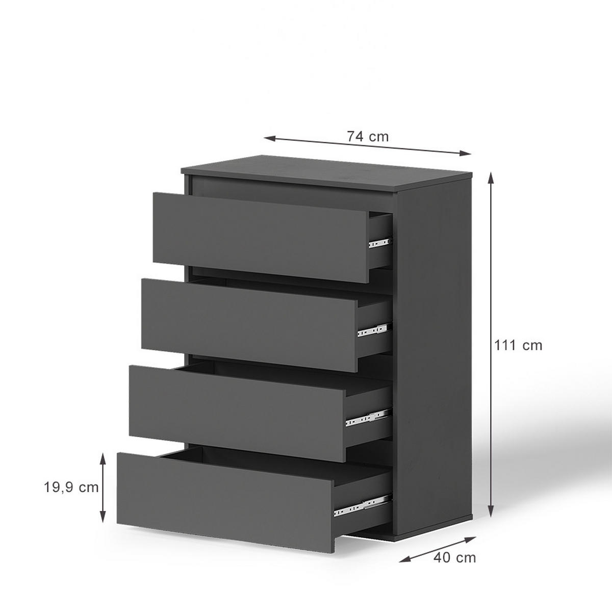 KOMMODE Claus Anthrazit 74 x 99.6 cm mit 4 Schubladen - Anthrazit, Holzwerkstoff (74/99.6/40cm) - Vicco
