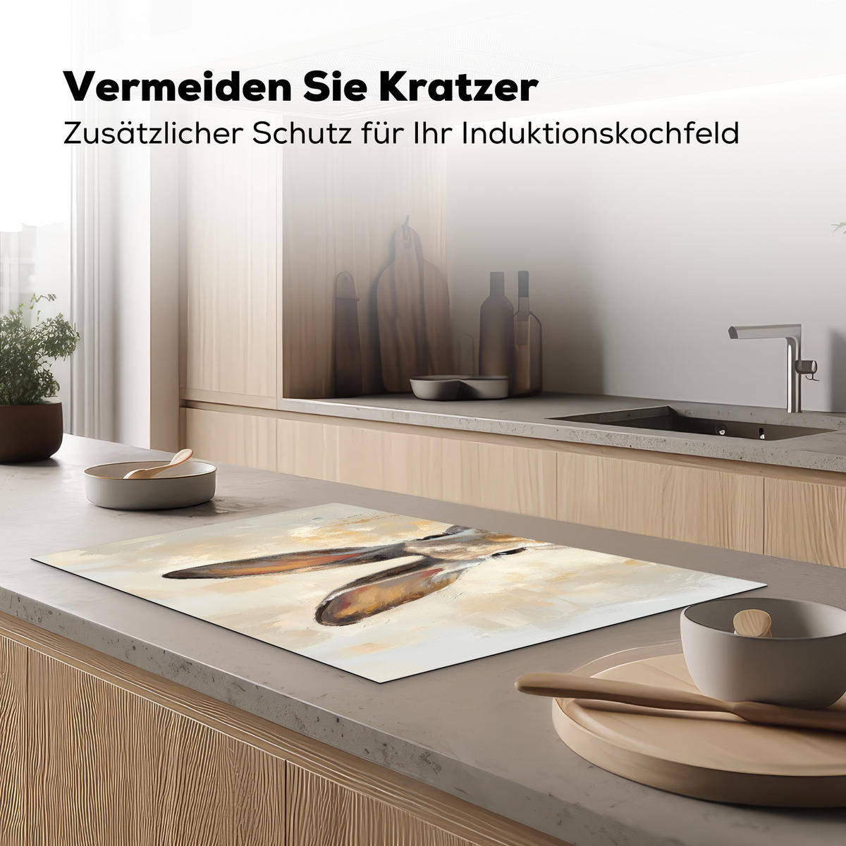 HERDABDECKPLATTE Hase - Ohren - Braun Induktionsschutz 81.6x52.7 cm - Beige, Kunststoff (81.6/52.7/0.2cm) - MuchoWow