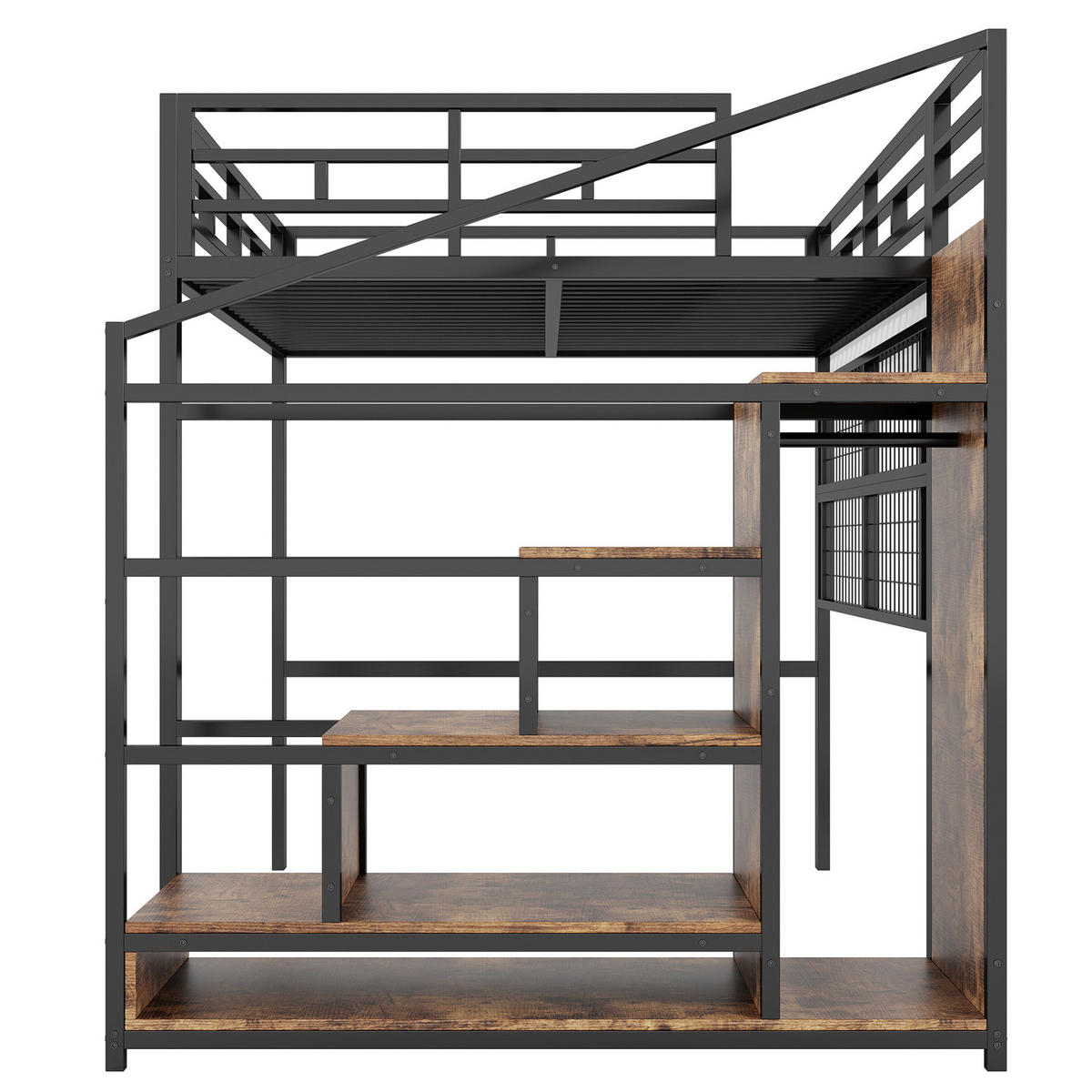 HOCHBETT 140/200 cm aus Metall/MDF mit Stauraumleiter, Kleiderschrank und 7-Farben-LED Schwarz - Schwarz, Metall (140/200cm) - Modenvie