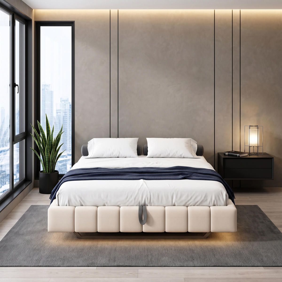 POLSTERBETT 140x200 cm mit Bettkasten, Doppelbett 140x200 cm mit LED, Stauraumbett mit Hydraulik, Beige Leinenstoff - Beige, Holz/Metall (140/200cm) - GENKI LIVING