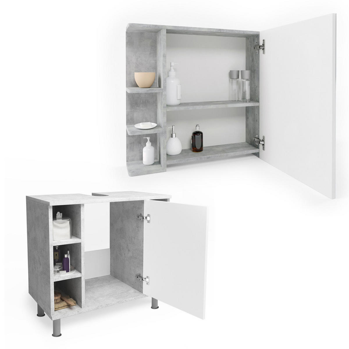 BADMÖBEL-SET Fynn Beton 2 Teile - Weiß/Grau, Holzwerkstoff (60/54/32cm) - Vicco