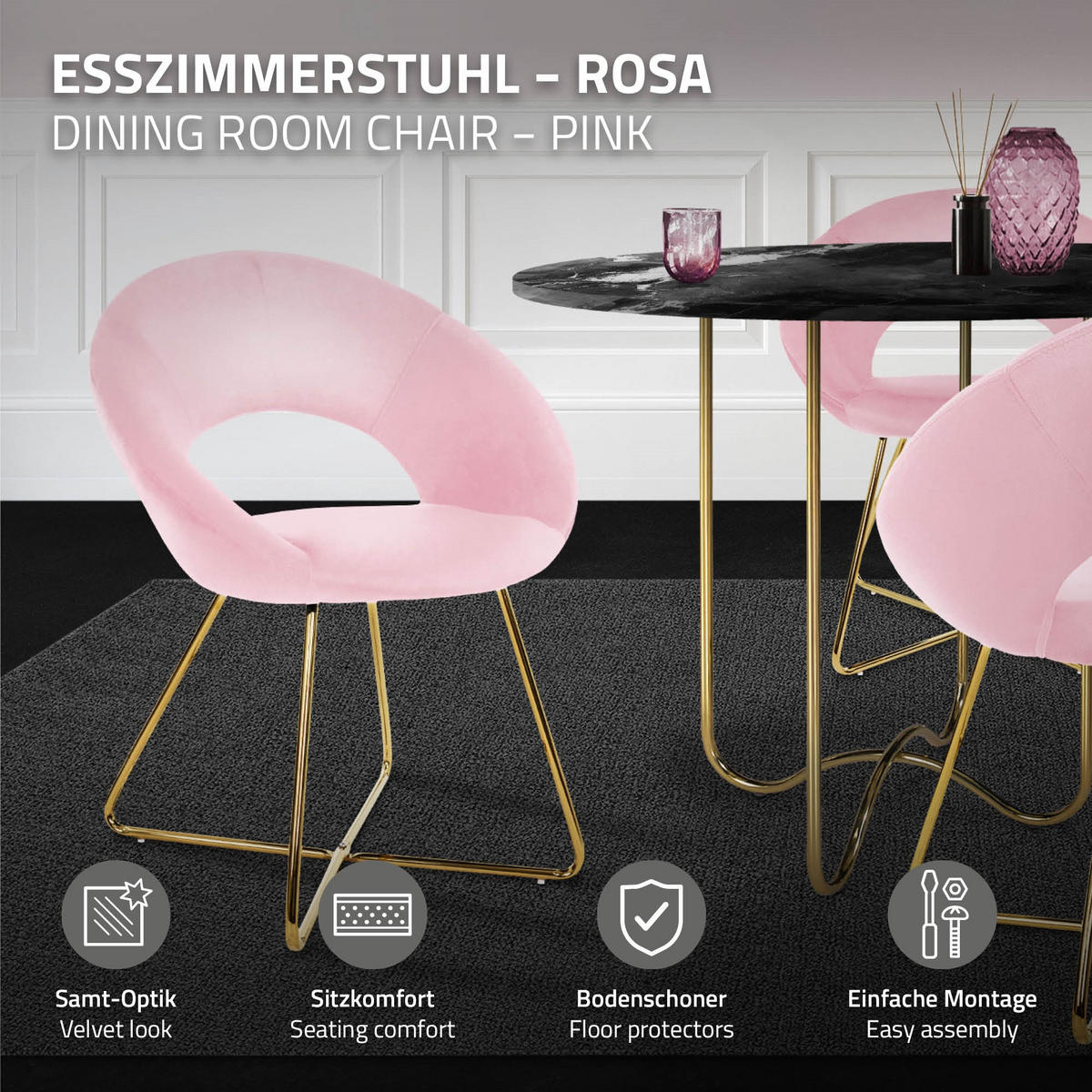 STUHL Samt rose - Pink/Goldfarben, Metall (53/77/64cm) - ML-DESIGN