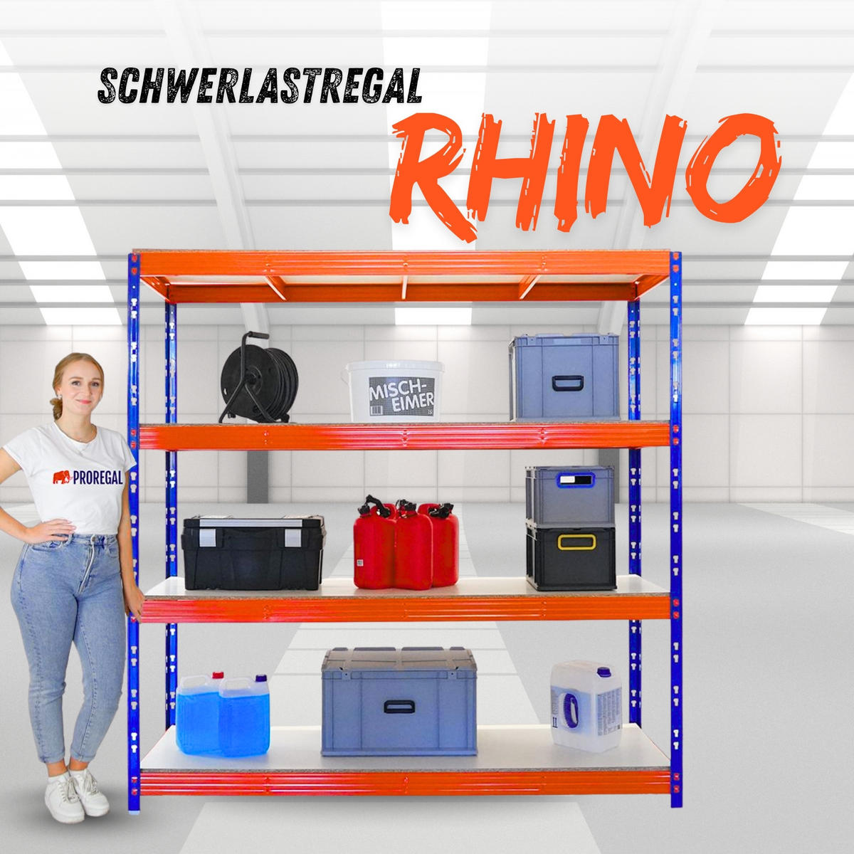 SCHWERLASTREGAL Rhino 200x200x60 cm 4 Melamin-Ebenen 16mm Fachlast 500 kg Blau/Orange - Blau/Orange, Metall (200/200/60cm) - PROREGAL